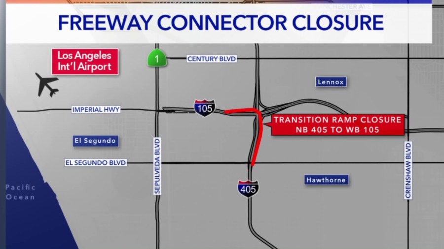 The 405 to 105 Freeway connector near Los Angeles International Airport closed Tuesday night for what is a planned monthslong project. (Credit: KTLA)