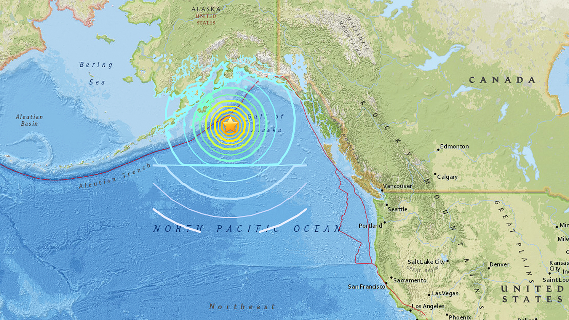 A magnitude-7.9 earthquake detected in the Gulf of Alaska has triggered tsunami warnings in Alaska and tsunami watches across several Western states. (Credit: USGS)