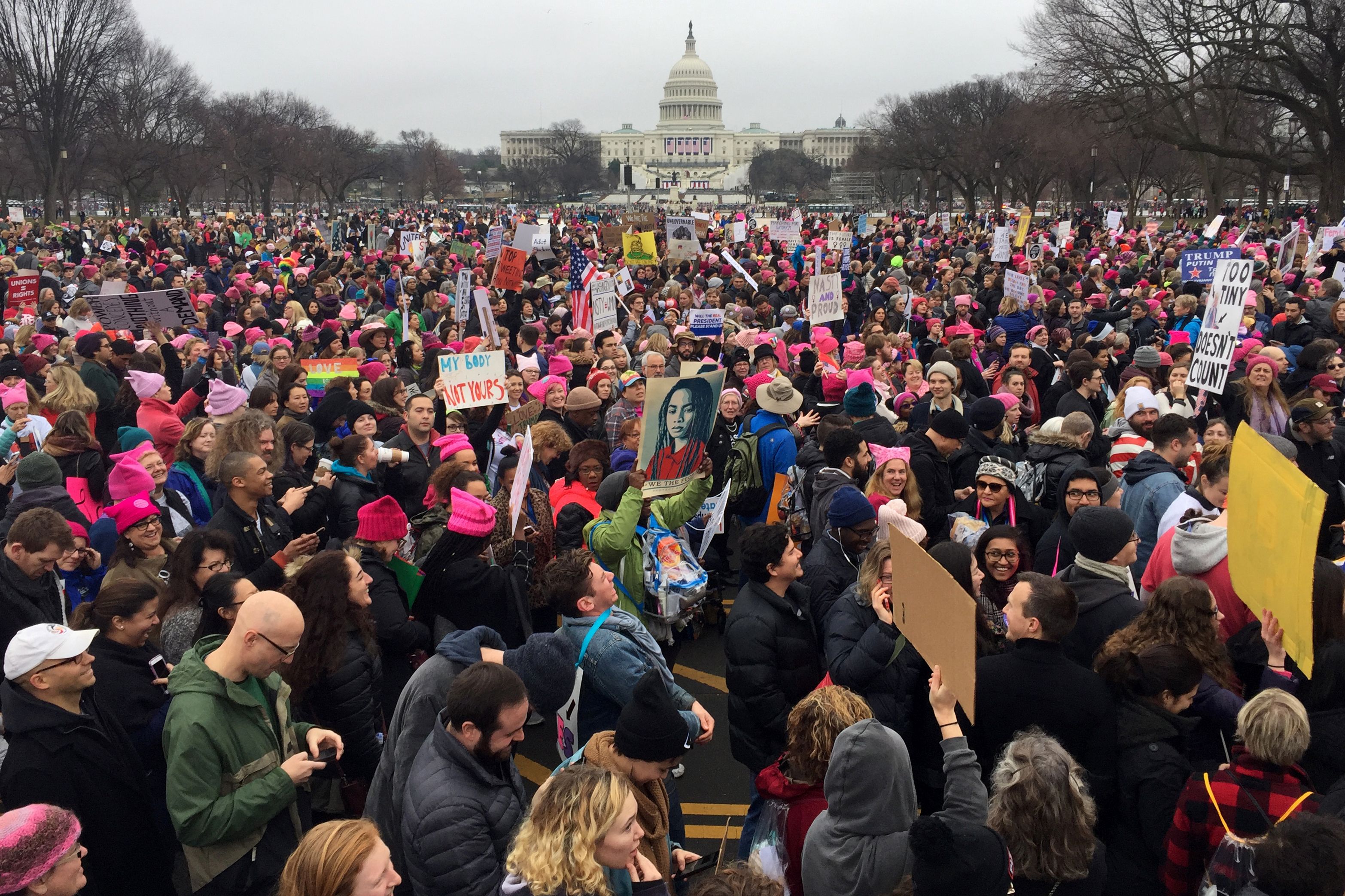 Demonstrators protest on the National Mall in Washington, DC, for the Women's march on January 21, 2017. Hundreds of thousands of protesters spearheaded by women's rights groups demonstrated across the US to send a defiant message to US President Donald Trump. / AFP PHOTO / Andrew CABALLERO-REYNOLDS (Photo credit should read ANDREW CABALLERO-REYNOLDS/AFP/Getty Images)