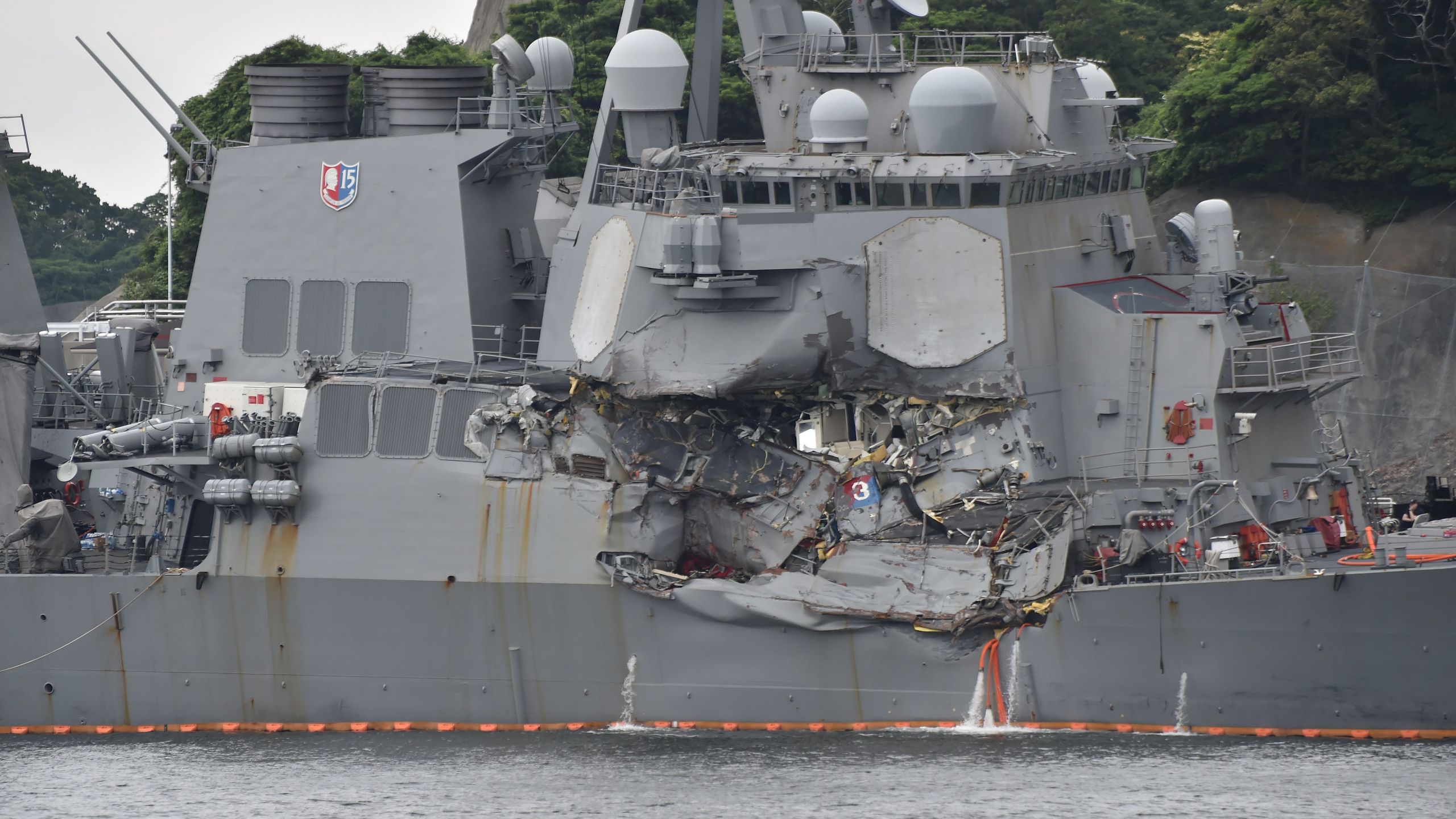 This photo shows damages on the guided missile destroyer USS Fitzgerald at its mother port in Yokosuka, southwest of Tokyo, on June 18, 2017. (Credit: Kazuhiro Nogi / AFP / Getty Images)