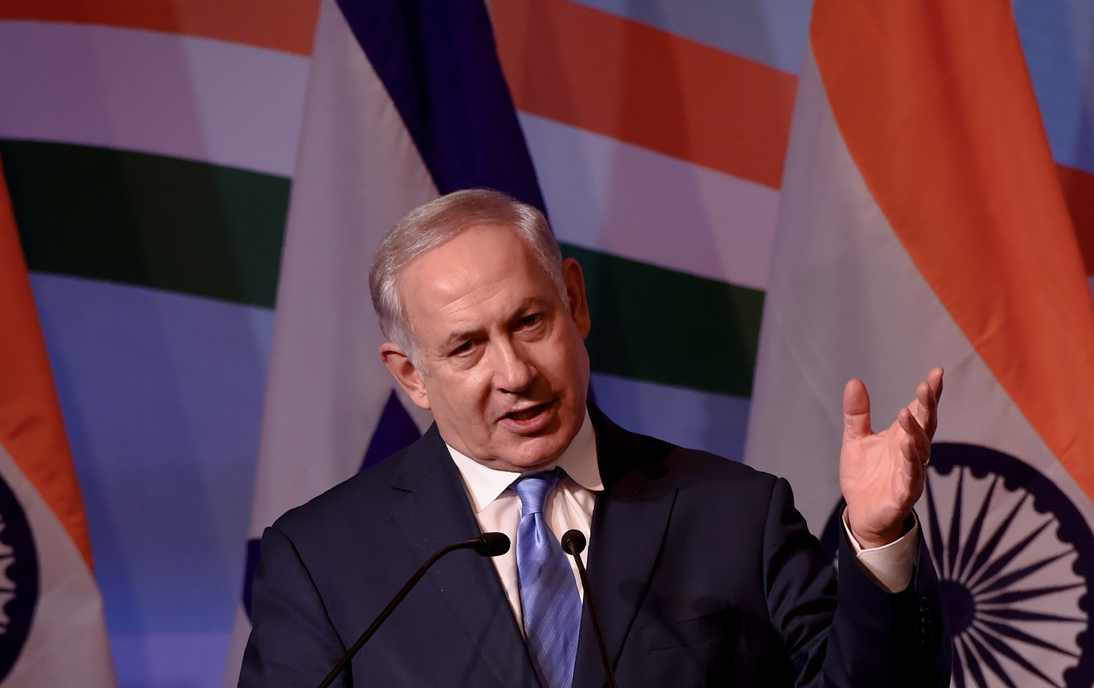 Israeli Prime Minister Benjamin Netanyahu gestures as he speaks during the India-Israel Business Summit in New Delhi on January 15, 2018. (Credit: MONEY SHARMA/AFP/Getty Images)