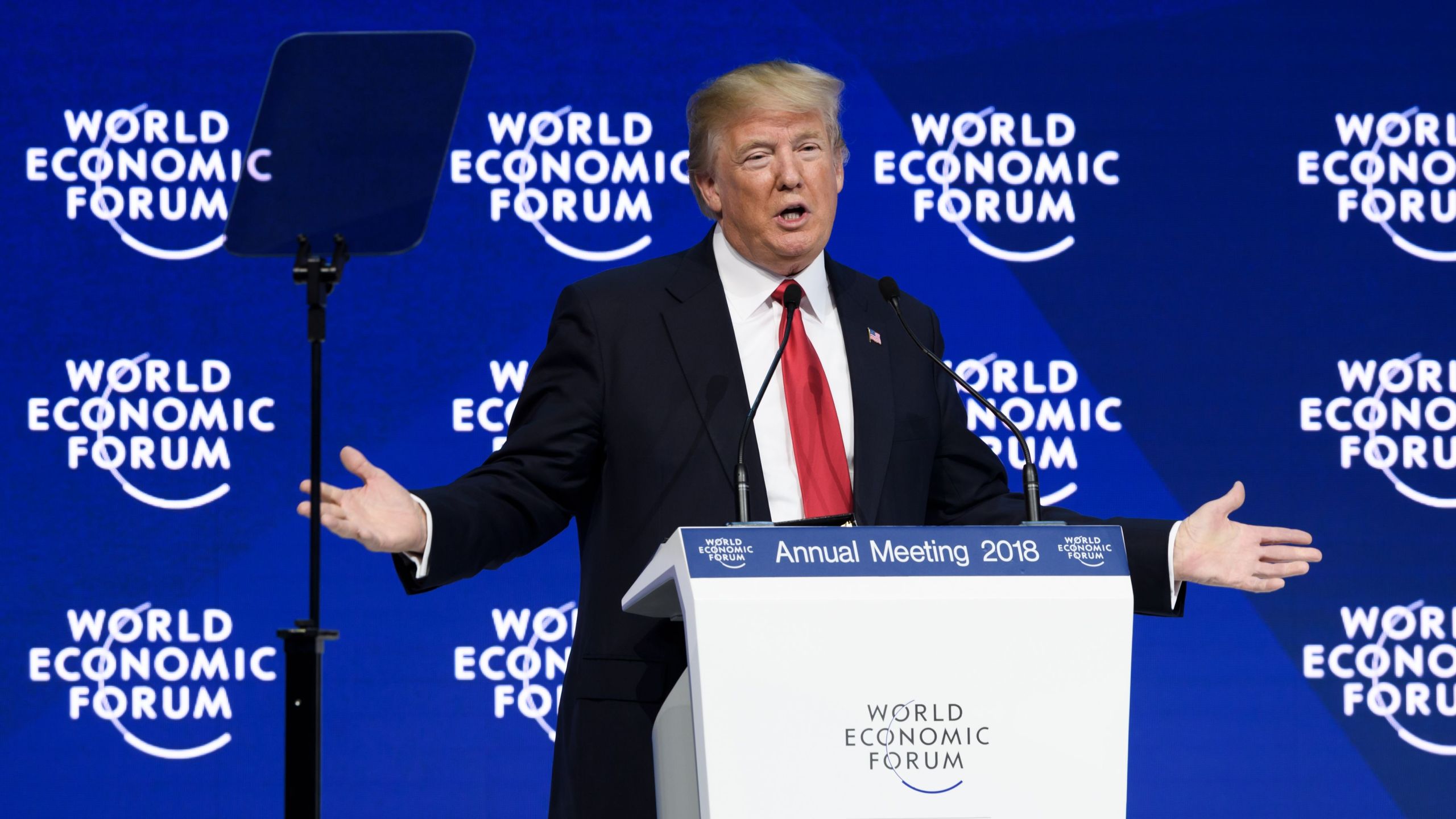 US President Donald Trump delivers a speech during the World Economic Forum (WEF) annual meeting on January 26, 2018 in Davos, eastern Switzerland. (Credit: FABRICE COFFRINI/AFP/Getty Images)