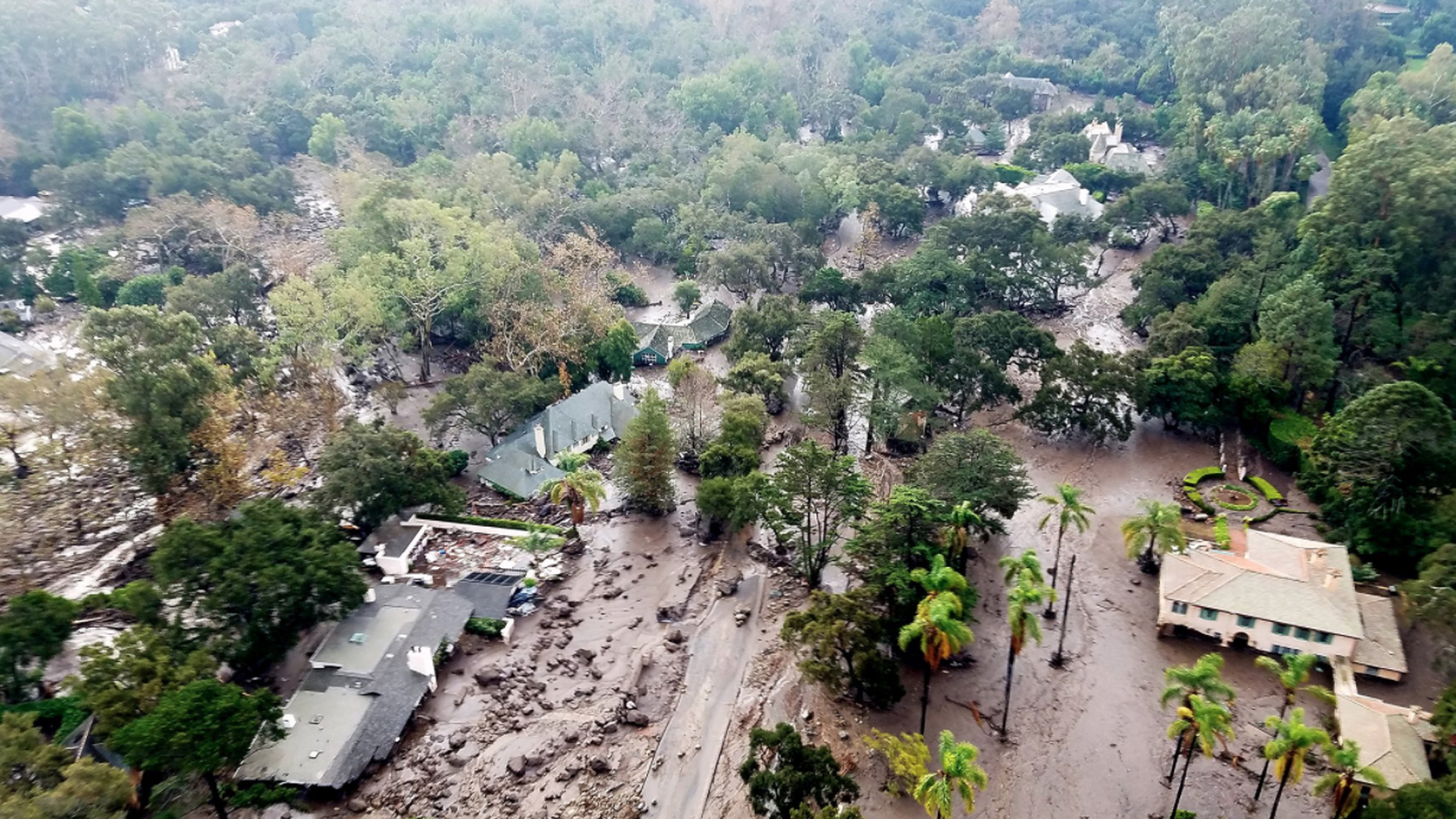 Aerial photos show the extent of the mudflow and damage in Montecito on Jan. 10, 2018, a day after slides and flooding hit. (Credit: Matt Udkow/Santa Barbara County Fire Department)