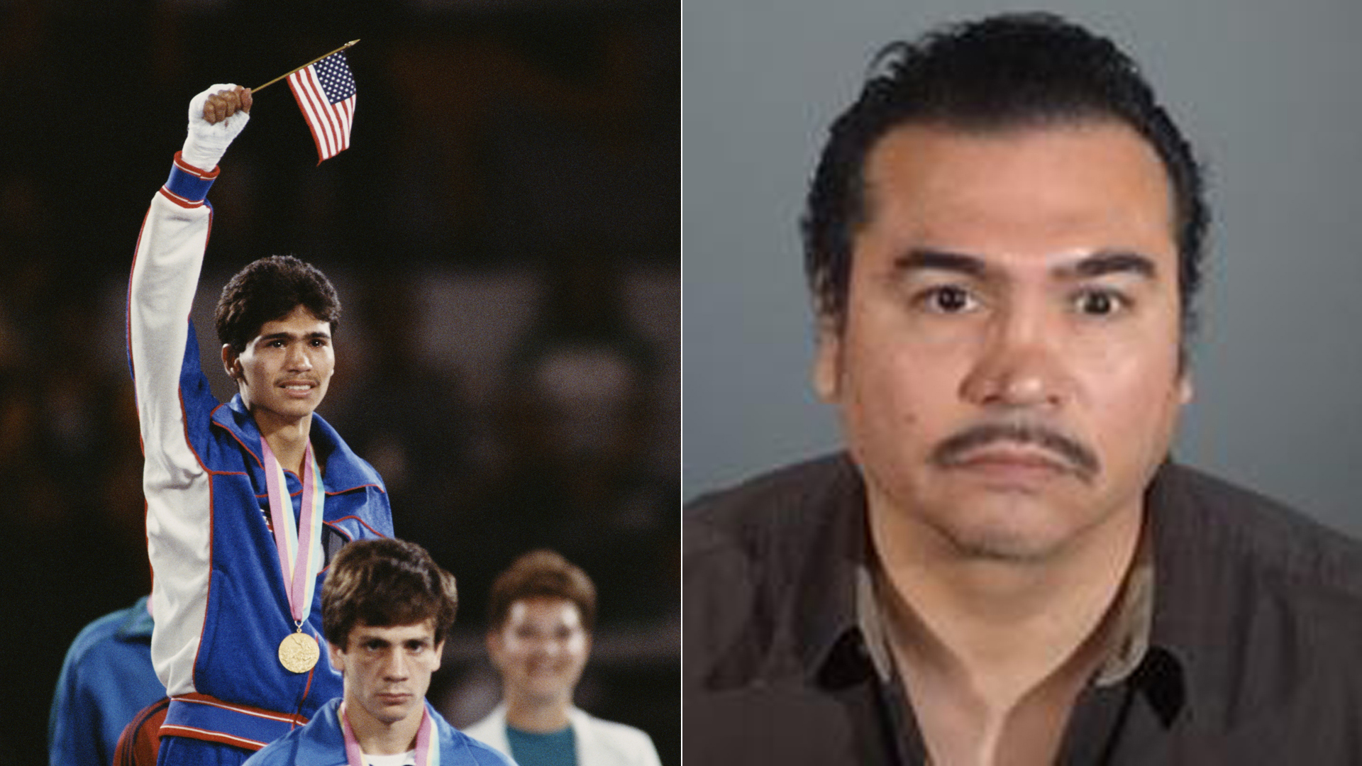 Paul Gonzales is seen in a file photo from the 1984 Olympics and in a mugshot released by authorities. (Credit: Getty Images / L.A. County Sheriff's Department)