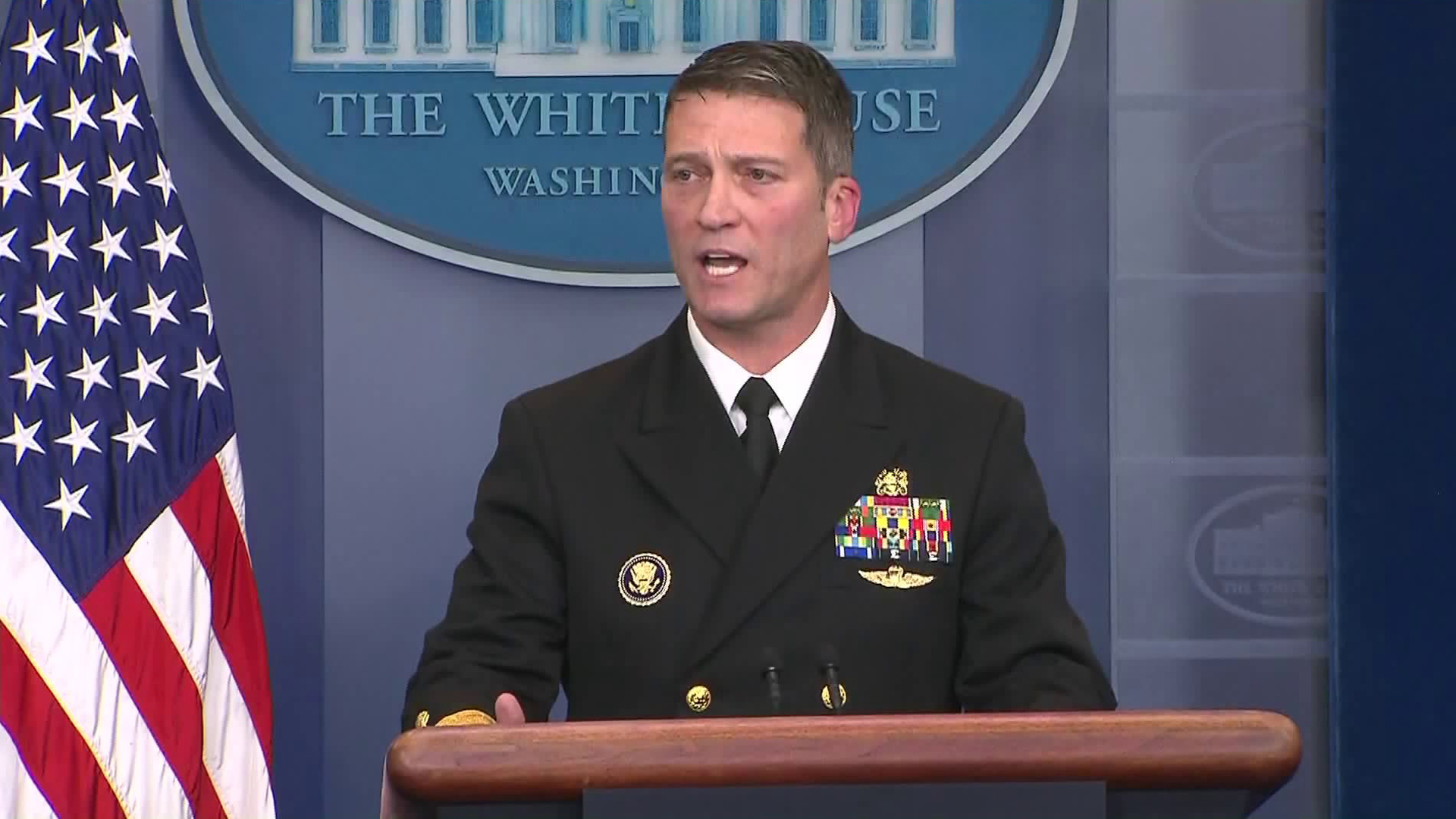 White House Physician Rear Admiral Dr. Ronny Jackson delivers the results of President Donald Trump's medical exam on Jan. 16, 2018. (Credit: KTLA)