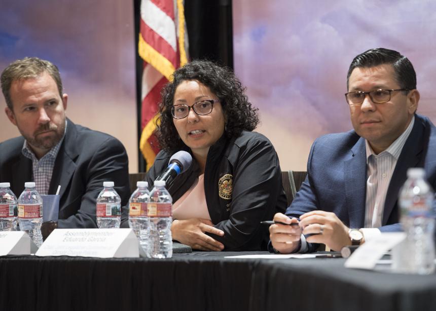 Assemblymember Cristina Garcia, center, speaks during a meeting on climate change in Herbert on Nov. 3, 2017 (Credit: a58.asmdc.org)