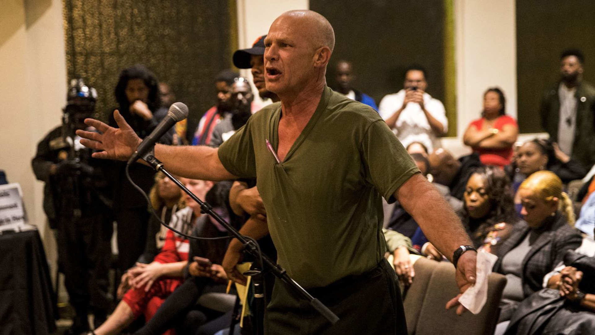 John Weber, whose son was killed by deputies, confronts the Sheriff Civilian Oversight Commission during an emergency town hall meeting Wednesday at a church in Westmont. (Credit: Kent Nishimura / Los Angeles Times)