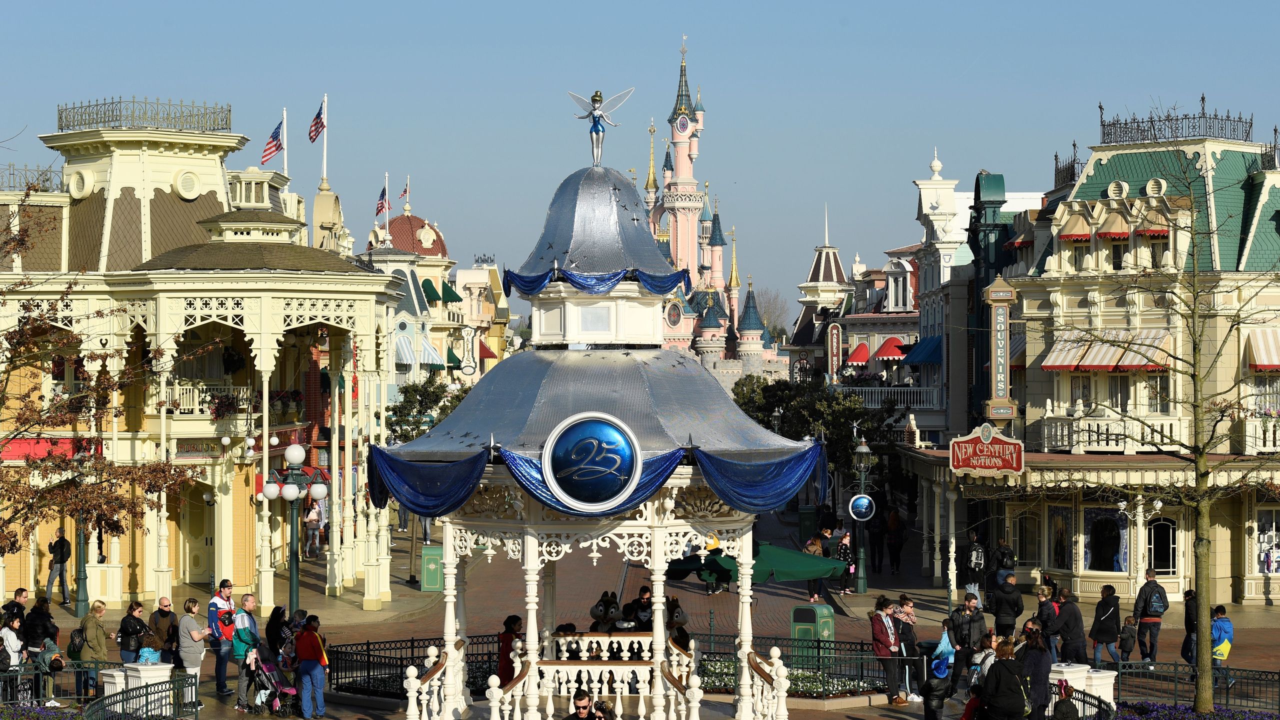 A view of Main Street is photographed on March 16, 2017 as Disneyland Paris - originally Euro Disney Resort - marks the 25th anniversary in Marne-La-Vallee, east of the French capital Paris. (Credit: BERTRAND GUAY/AFP/Getty Images)