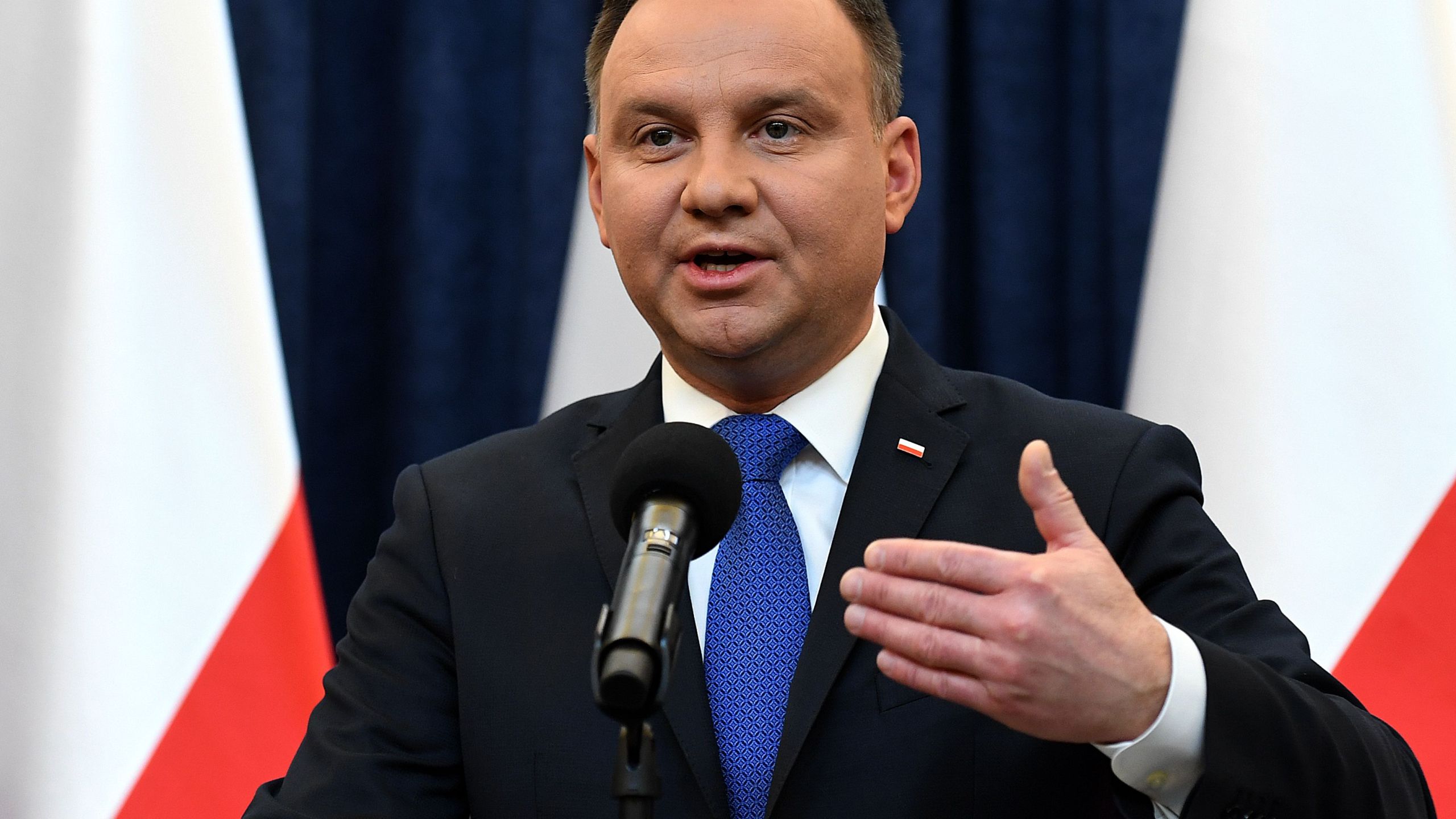 Poland's President Andrzej Duda gives a press conference on February 6, 2018 in Warsaw to announces that he will sign into law a controversial Holocaust bill which has sparked tensions with Israel, the US and Ukraine. (Credit: JANEK SKARZYNSKI/AFP/Getty Images)