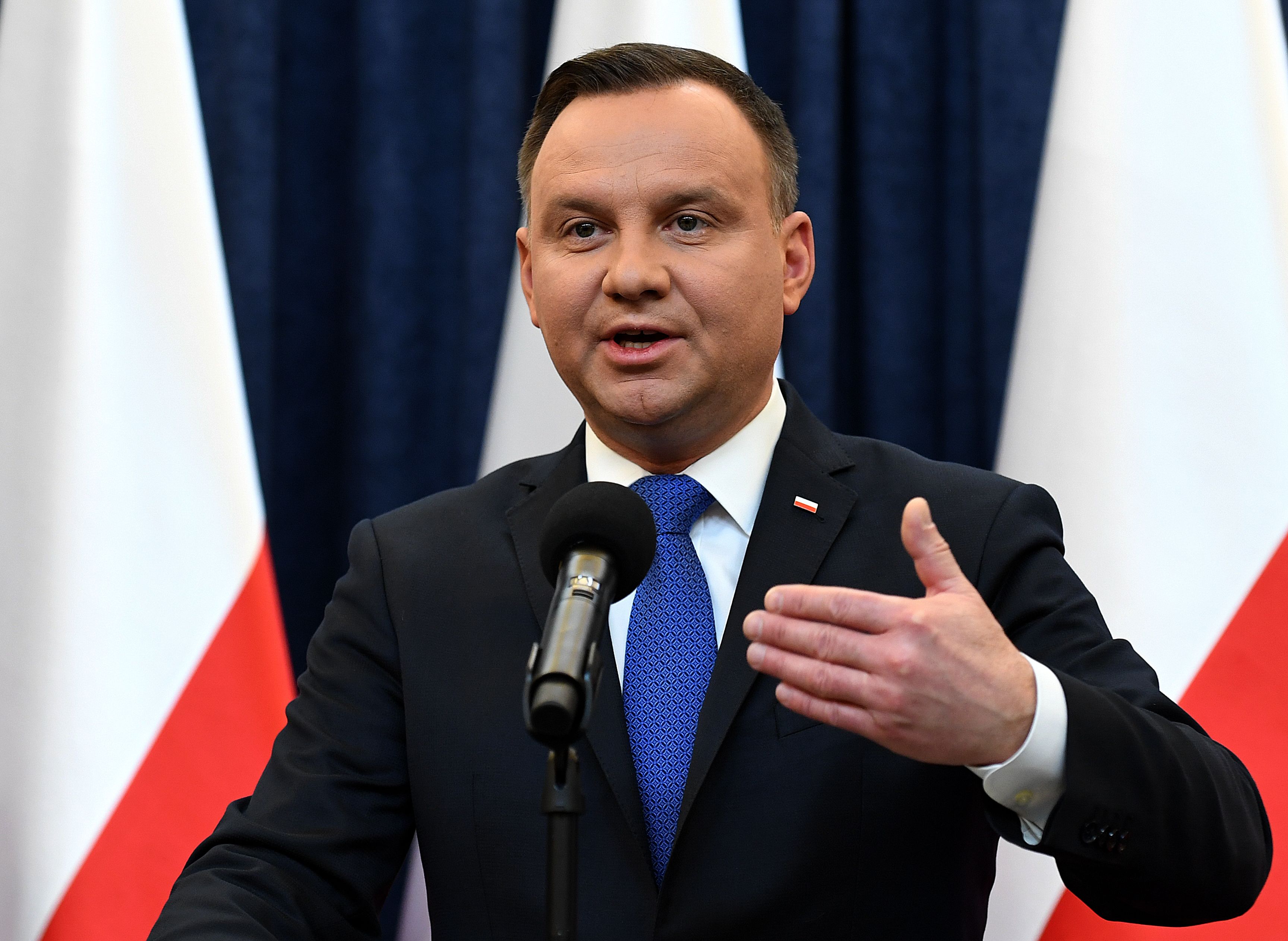 Poland's President Andrzej Duda gives a press conference on February 6, 2018 in Warsaw to announces that he will sign into law a controversial Holocaust bill which has sparked tensions with Israel, the US and Ukraine. (Credit: JANEK SKARZYNSKI/AFP/Getty Images)