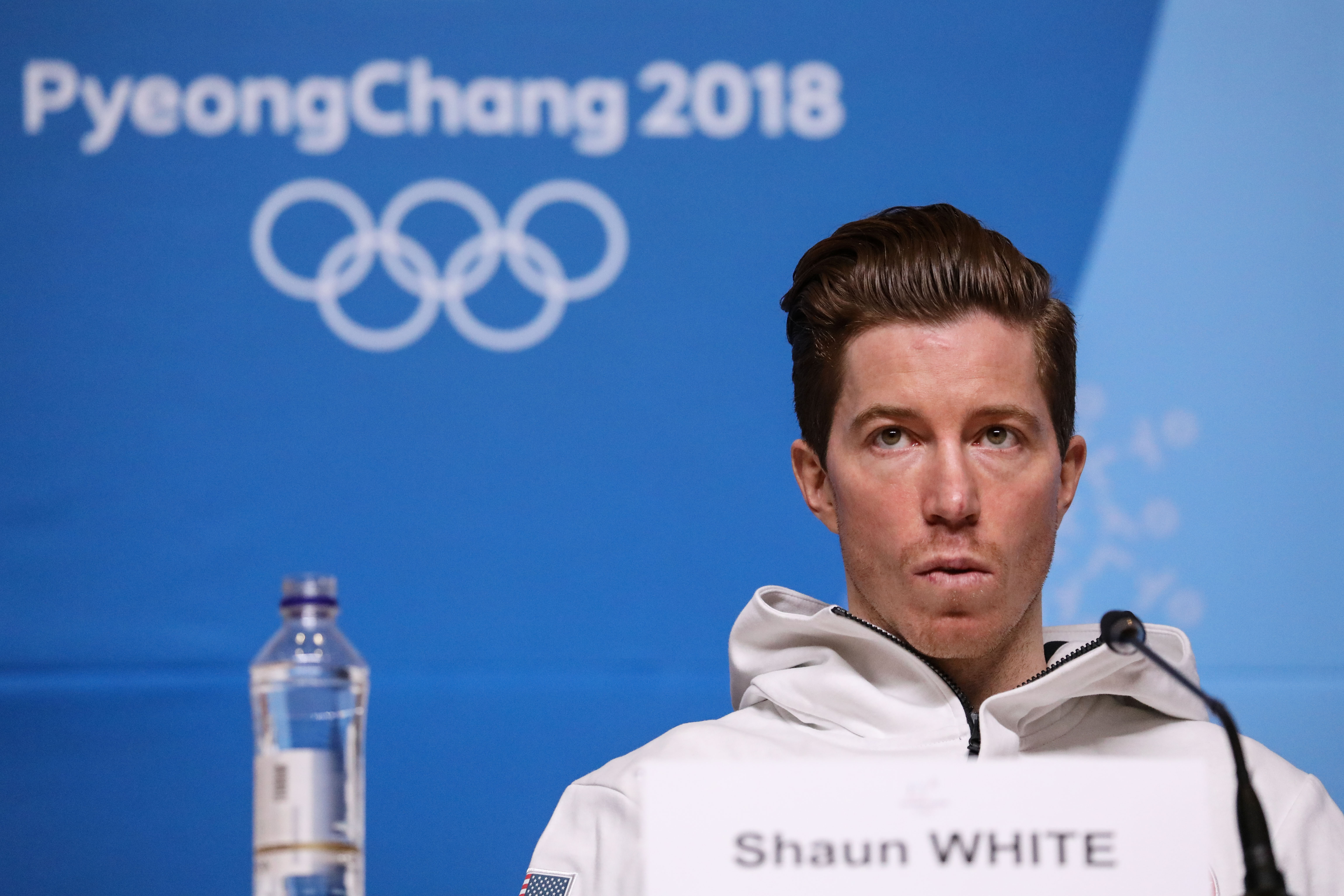 USA's snowboard athlete Shaun White attends a press conference at the Media Press Center ahead of the Pyeongchang 2018 Winter Olympic Games on February 8, 2018 in Pyeongchang. (Credit: FLORIAN CHOBLET/AFP/Getty Images)