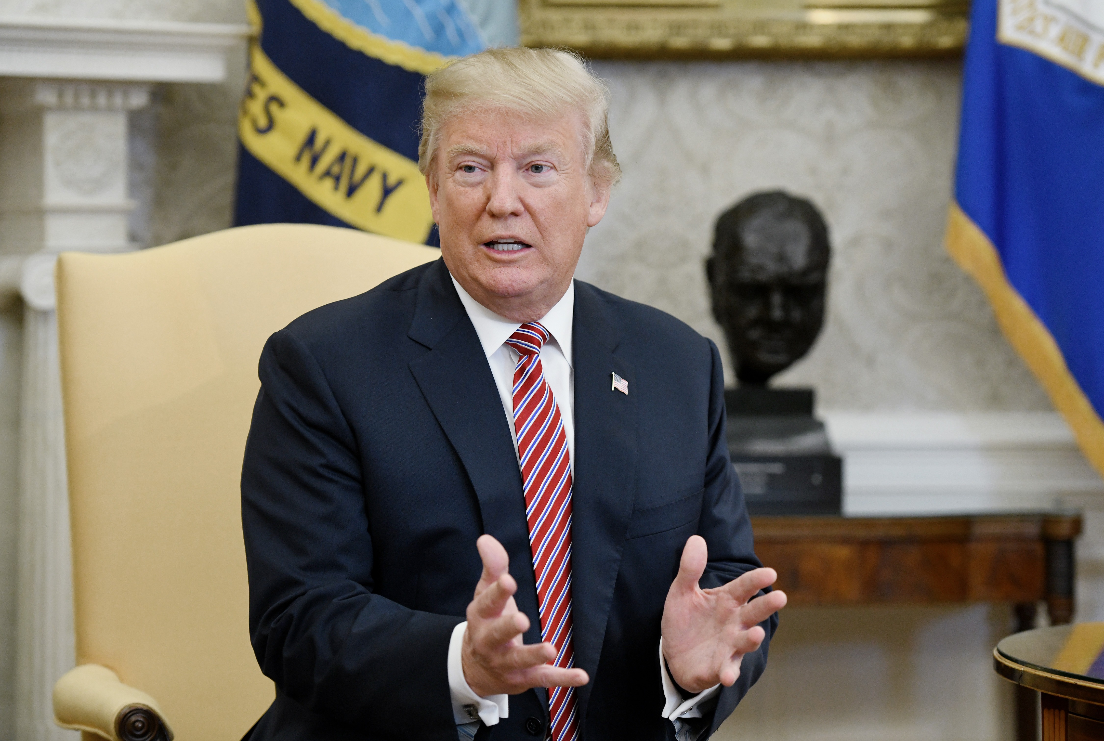 Donald Trump speaks during a meeting in the Oval Office of the White House on Feb. 9, 2018. (Credit: Olivier Douliery-Pool/Getty Images)