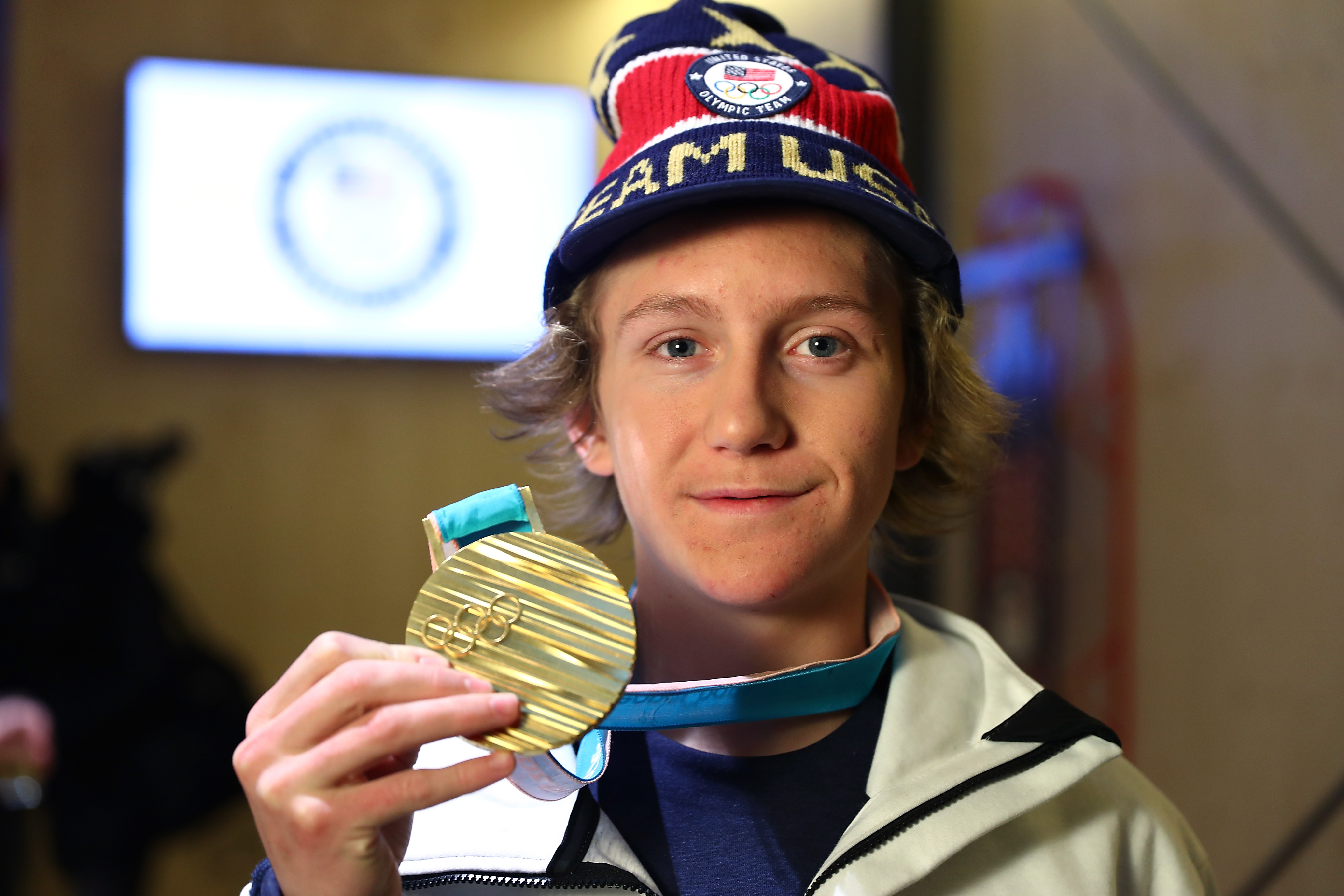 Red Gerard poses with his Gold Medal at the USA House at the Pyeongchang 2018 Winter Olympic Games on Feb. 11, 2018 in Pyeongchang-gun, South Korea. (Credit: Joe Scarnici/Getty Images for USOC)