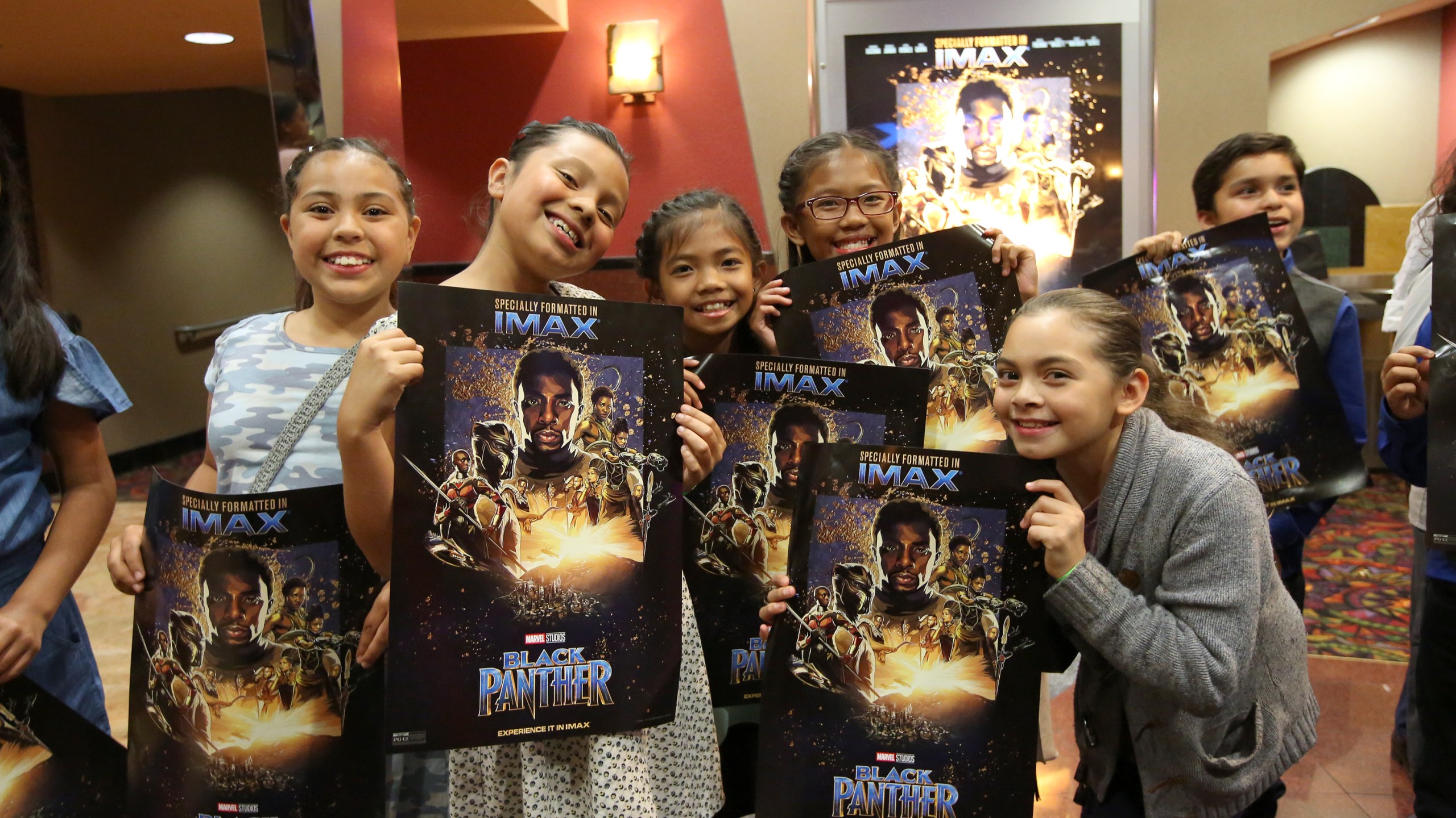 Boys & Girls Club Long Beach members received the celebrity treatment with concessions and more during an advance IMAX screening of "Black Panther" on Feb. 15, 2018 in Long Beach. (Credit: Jesse Grant/Getty Images for IMAX)