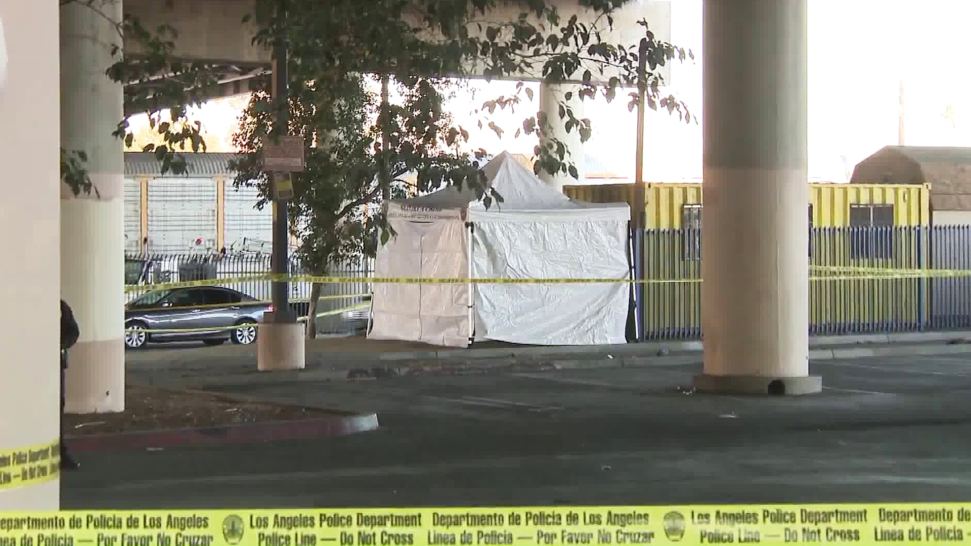 An investigation was underway after human remains were set ablaze in a Home Depot parking lot in Cypress Park on Feb. 1, 2018. (Credit: KTLA)