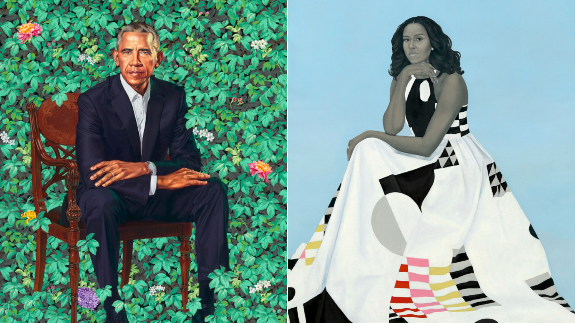 Left, “Barack Obama” by Kehinde Wiley, and “Michelle LaVaughn Robinson Obama” by Amy Sherald, were unveiled at the National Portrait Gallery on Feb. 12, 2018.