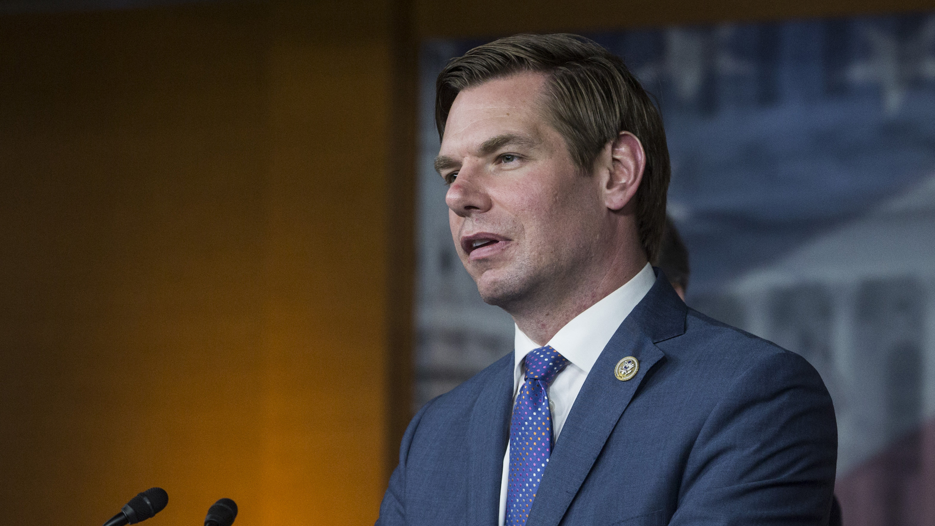 Rep. Eric Swalwell (D-CA) speaks at a news conference, discussing new legislation on U.S. policy toward Russia April 5, 2017, on Capitol Hill in Washington, D.C. (Credit: Zach Gibson/Getty Images)