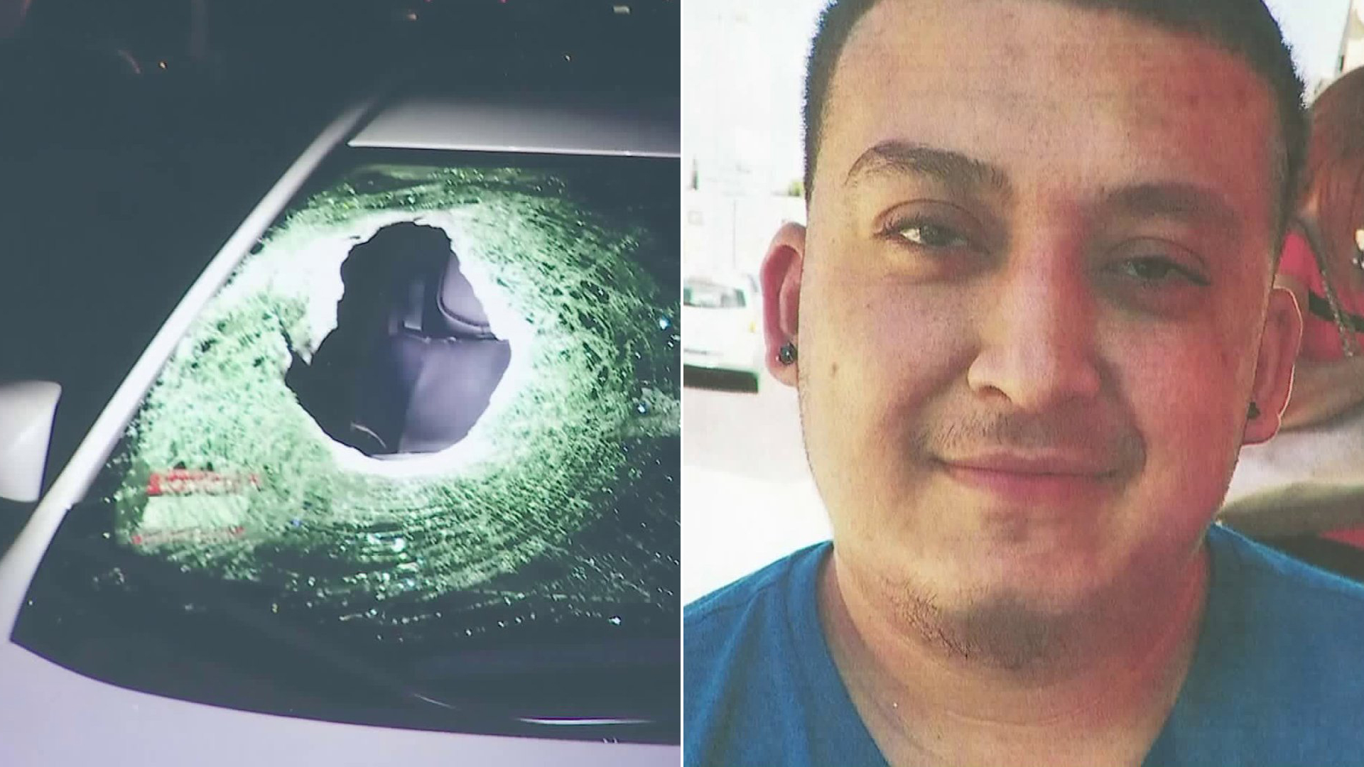 A vehicle is seen after a boulder was tossed through its windshield, killing 23-year-old Christopher Lopez, seen at left in an undated photo released by California Highway Patrol.