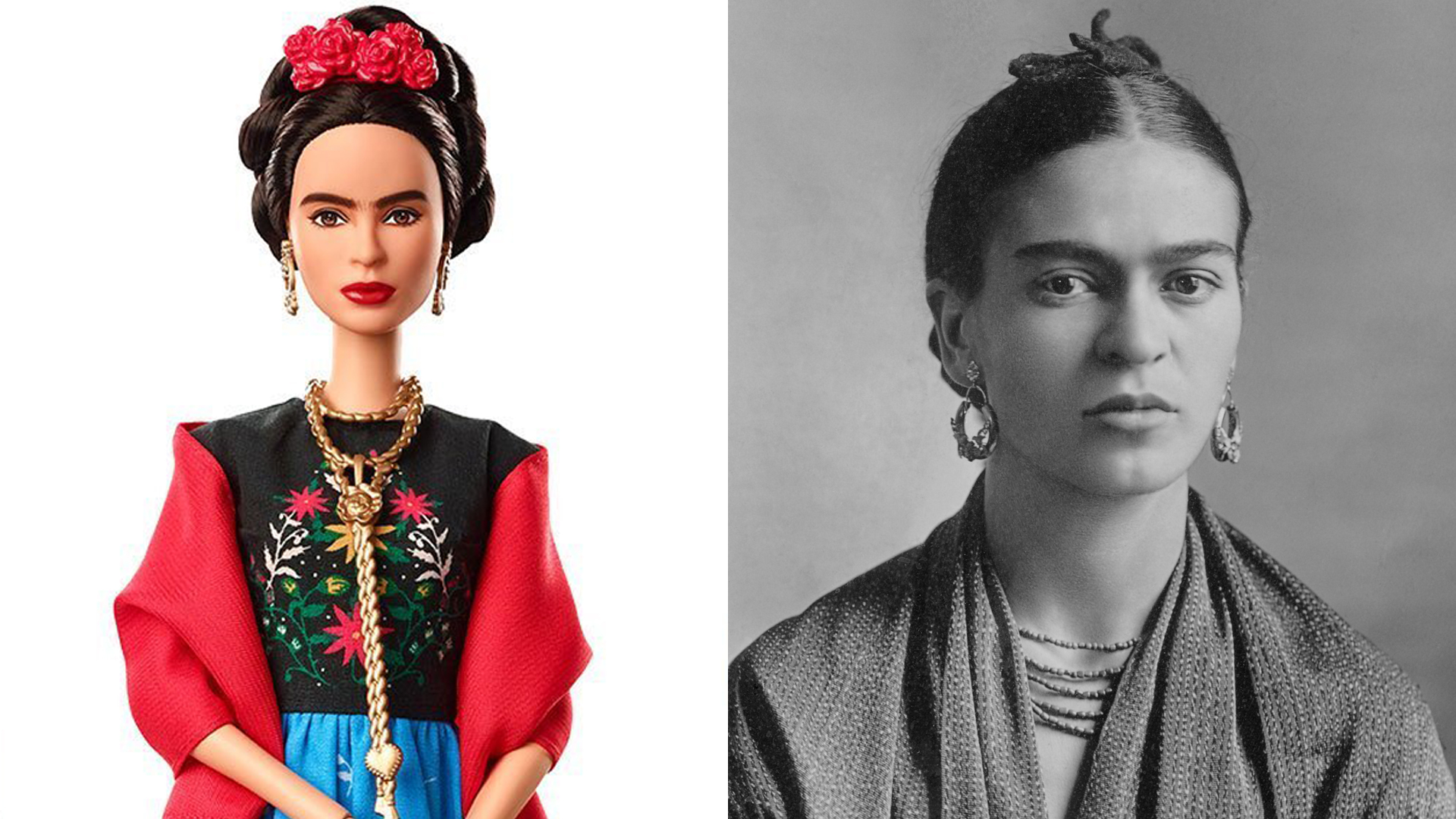 The Frida Kahlo Barbie doll from Mattel is seen at left, and the artist is seen at right. (Credit: Mattel, left; Sotheby's via Creative Commons, right)