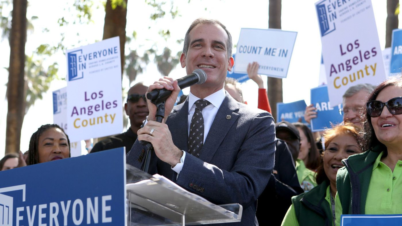 Mayor Eric Garcetti speaks during the March 9 launch of "Everyone In, " a campaign to bring people throughout L.A. County together around the goal of ending homelessness. (Credit: Katie Falkenberg / Los Angeles Times)