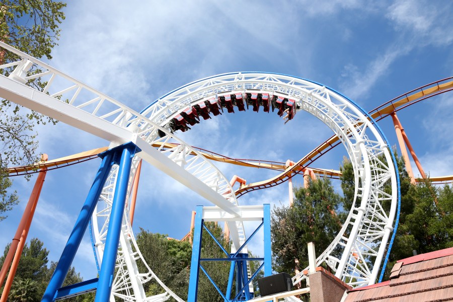 Guests ride the first virtual reality coaster powered by Samsung Gear VR at Six Flags Magic Mountain on March 25, 2016, in Valencia. (Credit: Jonathan Leibson/Getty Images for Samsung)