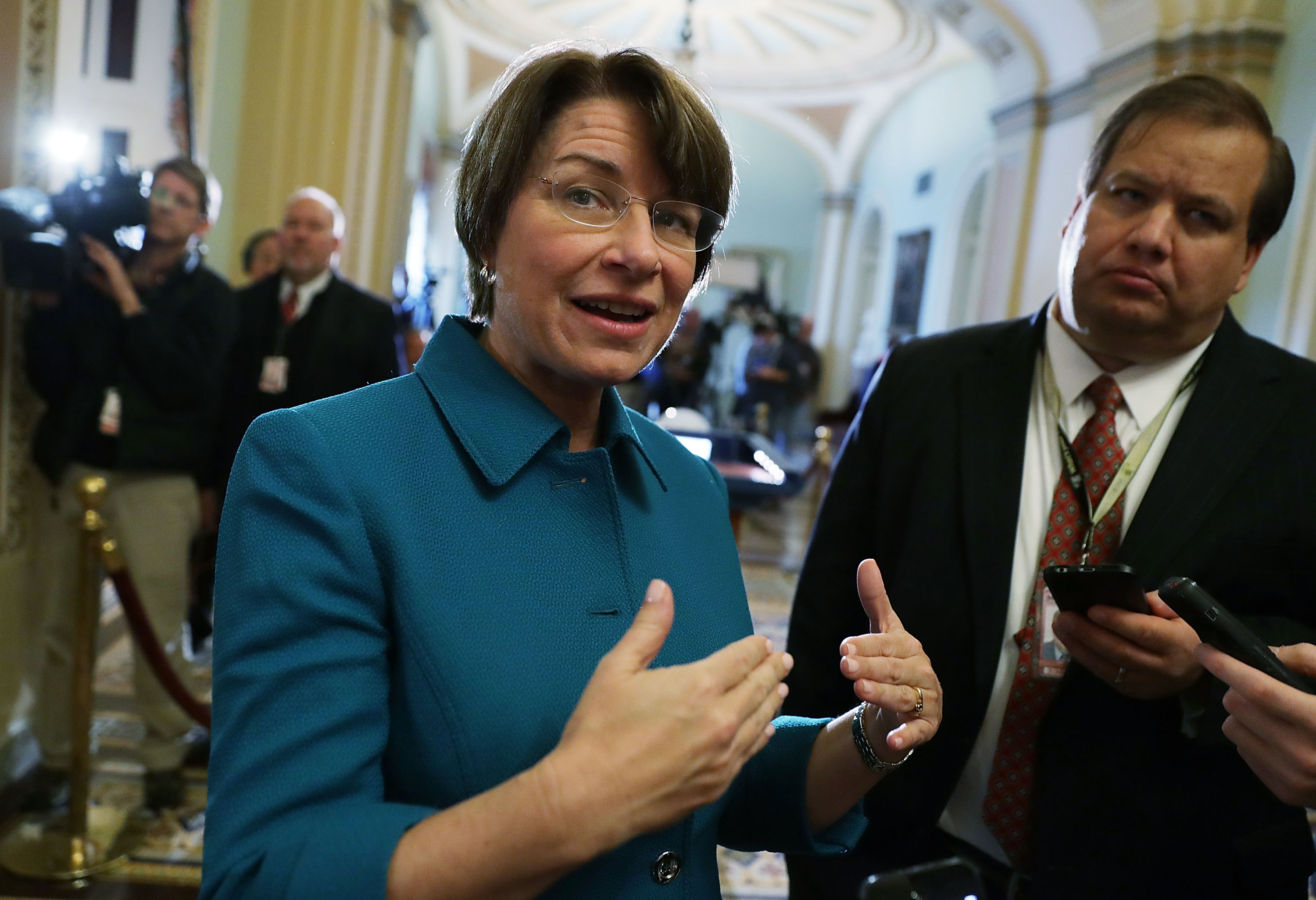 U.S. Sen. Amy Klobuchar, D-MN, speaks to members of the media after an election meeting of Senate Democrats to elect new leadership at the Capitol November 16, 2016 in Washington, D.C. (Credit: Alex Wong/Getty Images)