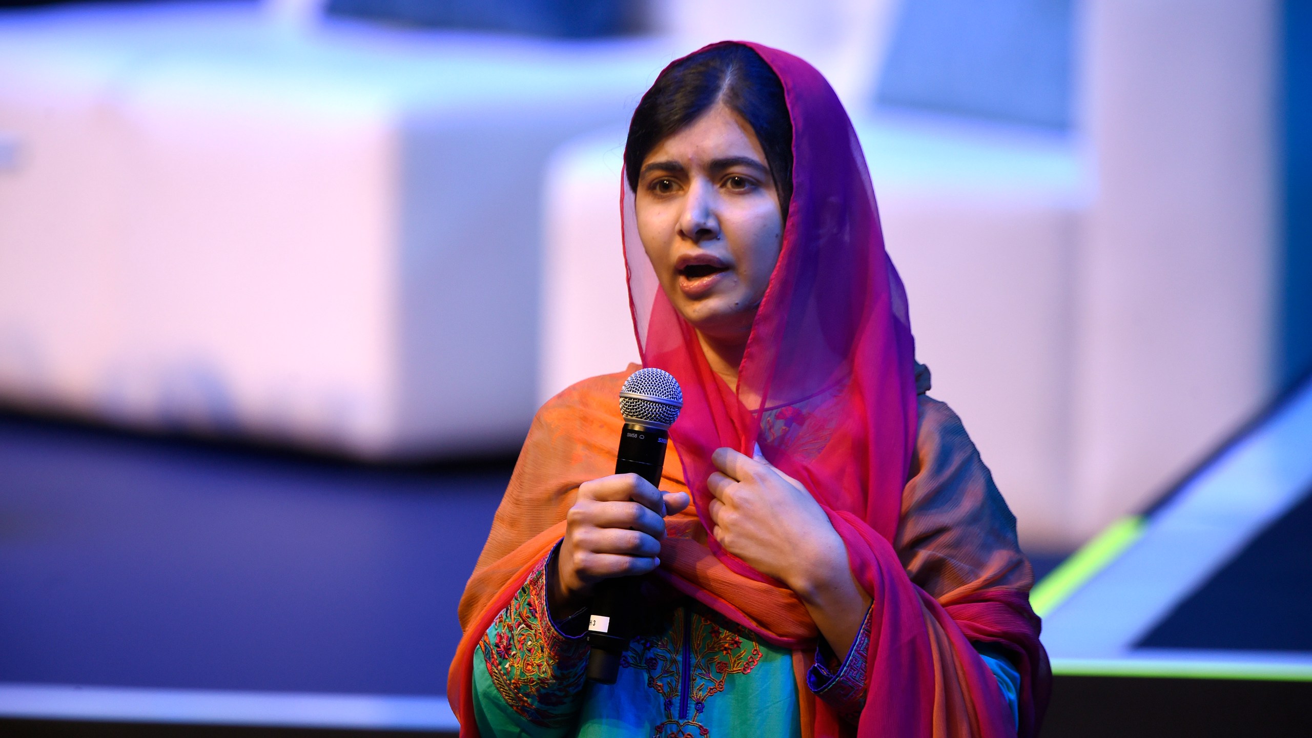 Pakistani Nobel Peace Prize 2014 laureate Malala Yousafzai speaks during a meeting with students of the Telmex-Telcel Foundation at the National Auditorium in Mexico City on Sept. 01, 2017. (Credit: Alfredo Estrella / AFP / Getty Images)