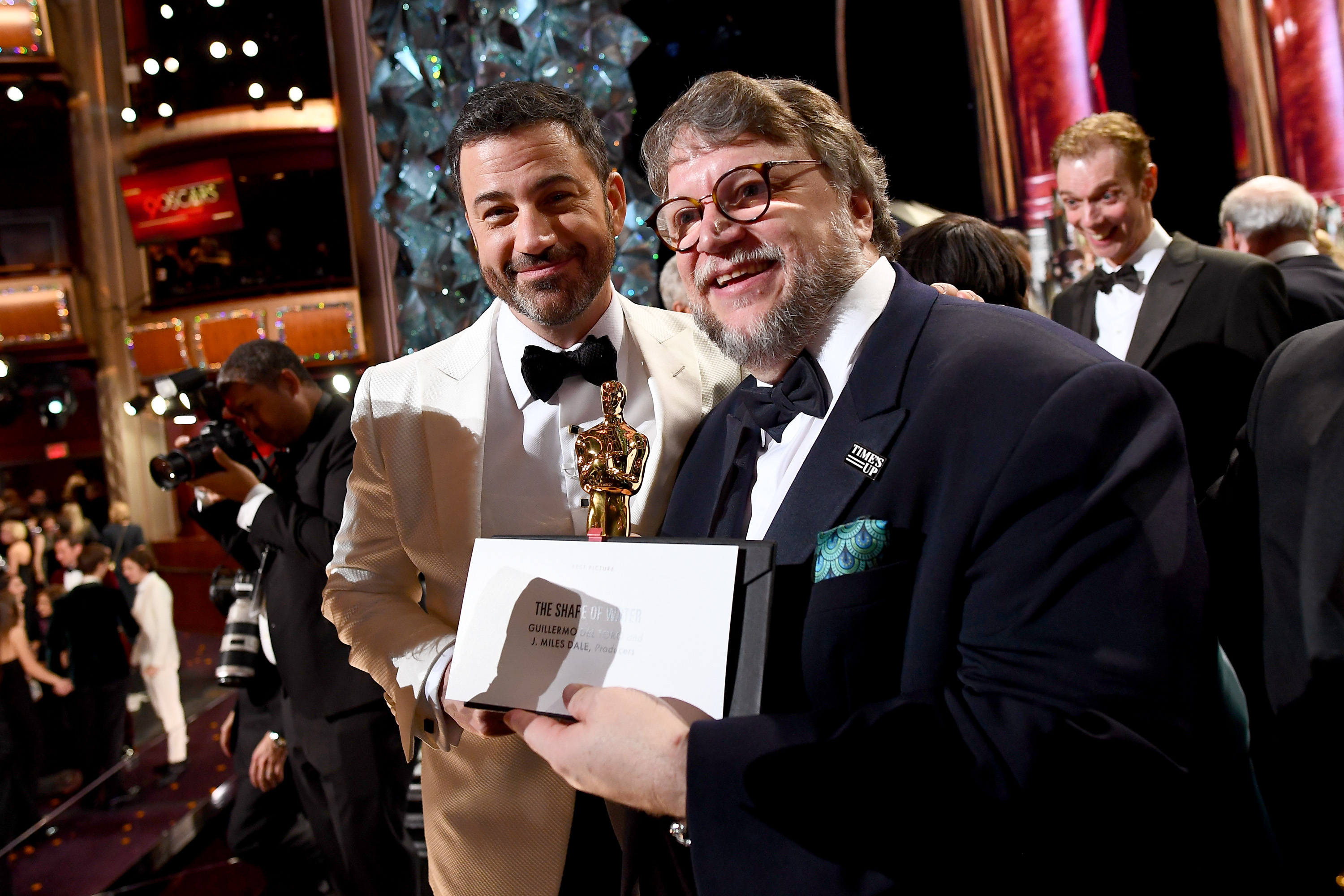 In this handout provided by A.M.P.A.S., Jimmy Kimmel and Guillermo del Toro are seen at the 90th Annual Academy Awards at the Dolby Theatre on March 4, 2018 in Hollywood. (Credit: Matt Petit/A.M.P.A.S via Getty Images)