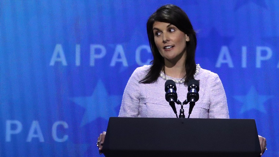 Former U.S. Ambassador to the United Nations Nikki Haley address the American Israel Public Affairs Committee's annual policy conference at the Washington Convention Center March 5, 2018, in Washington, D.C. (Credit: Chip Somodevilla/Getty Images)