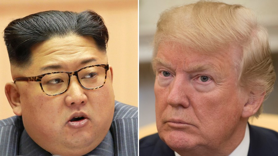 At left, North Korean leader Kim Jong-Un is seen during the Fifth Conference of the Workers' Party of Korea Cell Chairpersons in a photo from North Korea's official Korean Central News Agency, taken on Dec. 23, 2017 and released on Dec. 24, 2017. On the right, President Donald Trump speaks to the press in the Oval Office of the White House in Washington, D.C., on Feb. 9, 2018. (Credit: SAUL LOEB/AFP/Getty Images)