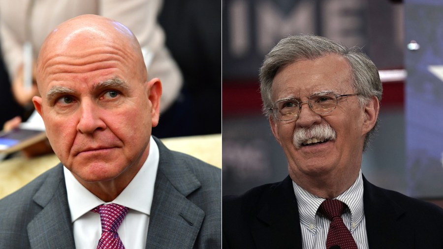 National Security Adviser H.R. McMaster (left) attends a meeting at the Oval Office on March 20, 2018. Former U.S. Ambassador to the United Nations John Bolton (right) speaks during CPAC 2018 February 22, 2018 in National Harbor, Maryland. (Credit: Kevin Dietsch-Pool and Alex Wong/Getty Images)