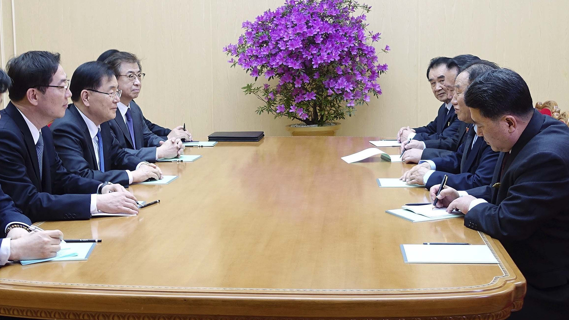 In this photo provided by South Korea Presidential Blue House on March 5, 2018, South Korean national security director, Chung Eui-yong, third from left, meets with North Korean vice chairman of North Korea's ruling Workers' Party Central Committee, Kim Yong Chol, second from right, in Pyongyang, North Korea. (Credit: South Korea Presidential Blue House/Yonhap via AP via CNN)