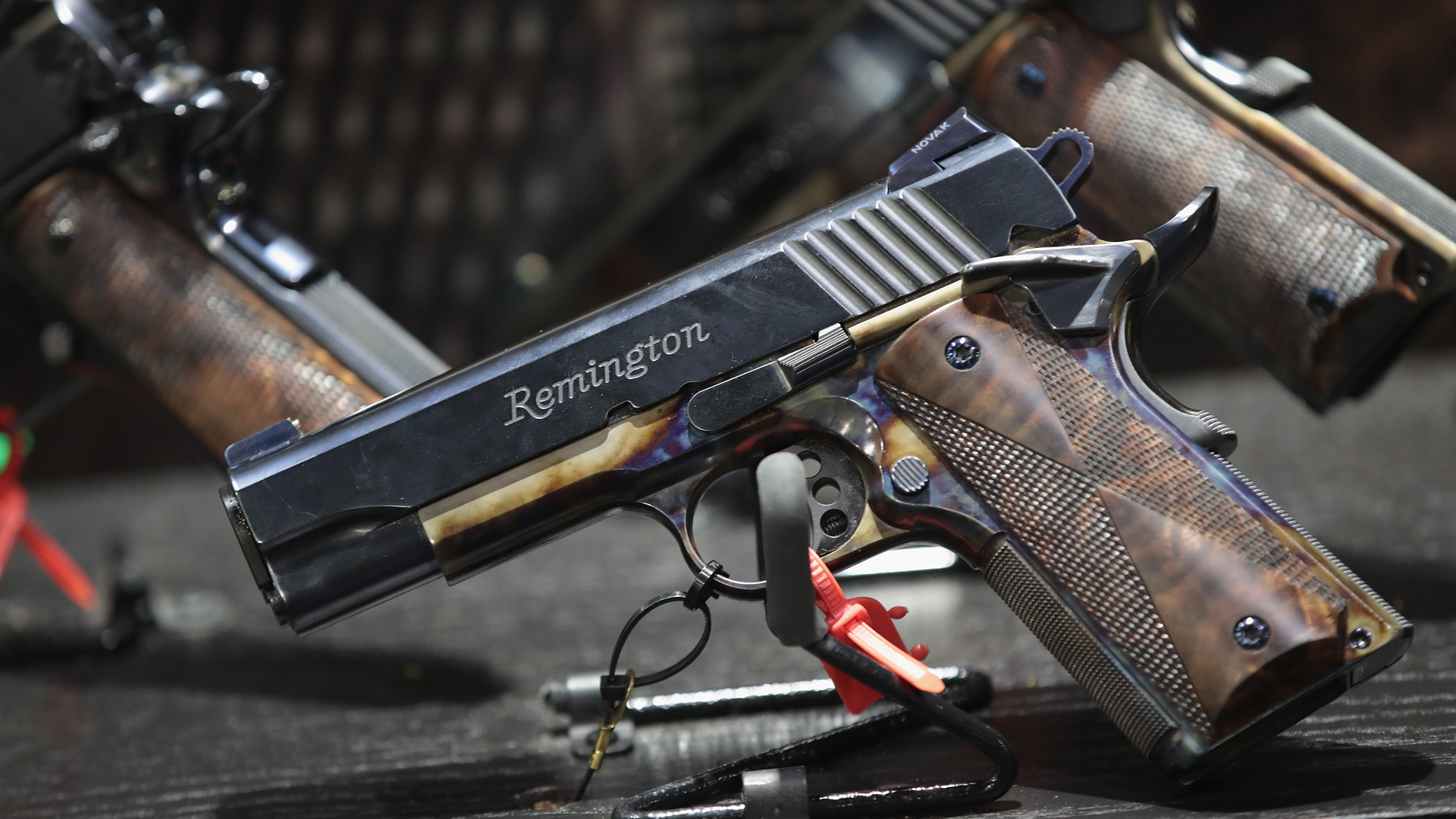 Custom Remington pistols are displayed at the 146th NRA Annual Meetings & Exhibits on April 29, 2017 in Atlanta, Georgia. (Credit: Scott Olson/Getty Images)