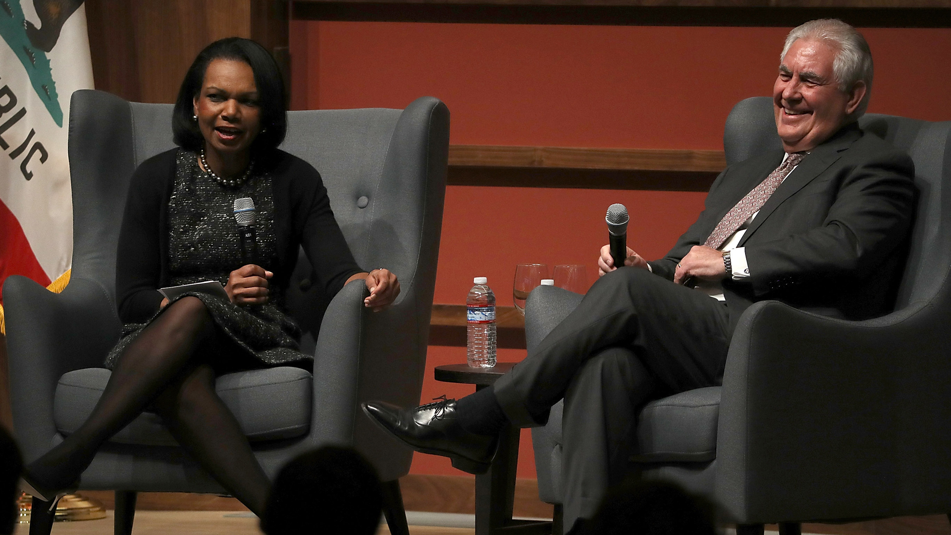 U.S. Secretary of State Rex Tillerson speaks in conversation with former U.S. Secretary of State Condoleezza Rice to the Hoover Institution and the Freeman Spogli Institute for International Studies at Stanford University on Jan. 17, 2018, in Stanford, Calif. (Credit: Justin Sullivan/Getty Images)