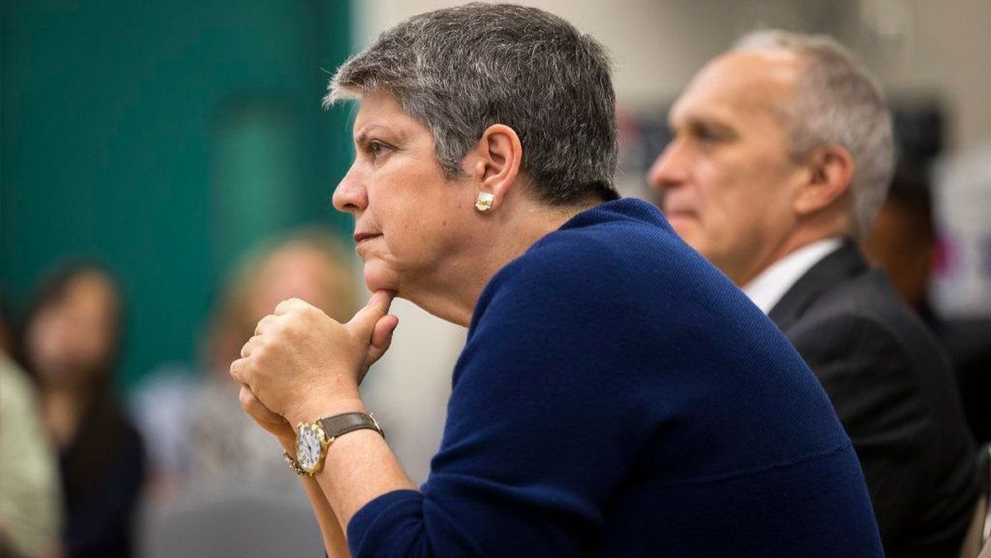 UC President Janet Napolitano listens to students during a 2016 question and answer session at Eleanor Roosevelt High School in Corona. (Credit: Gina Ferazzi / Los Angeles Times)