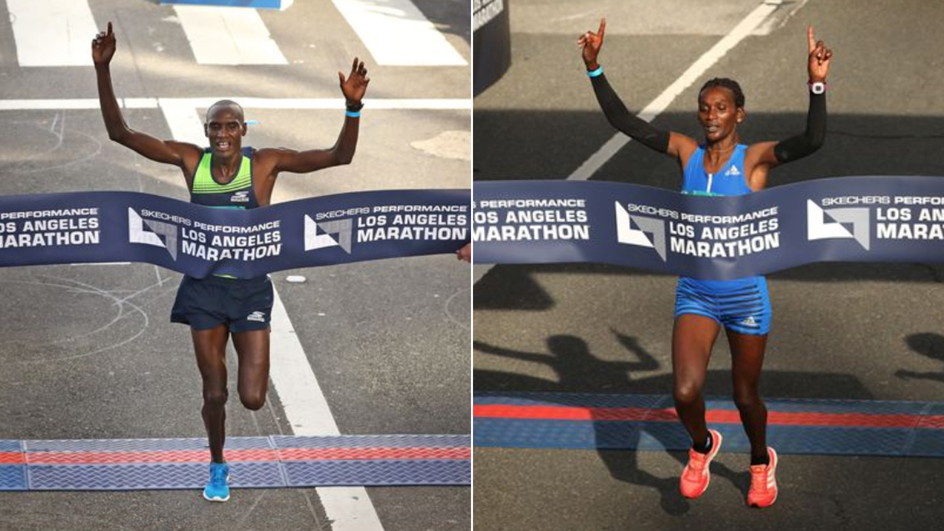 Kenya's Weldon Kirui, left, and Ethiopia's Sule Utura Gedo cross the finish line during the L.A. Marathon on March 18, 2018. (Credit: Christina House / Los Angeles TImes)