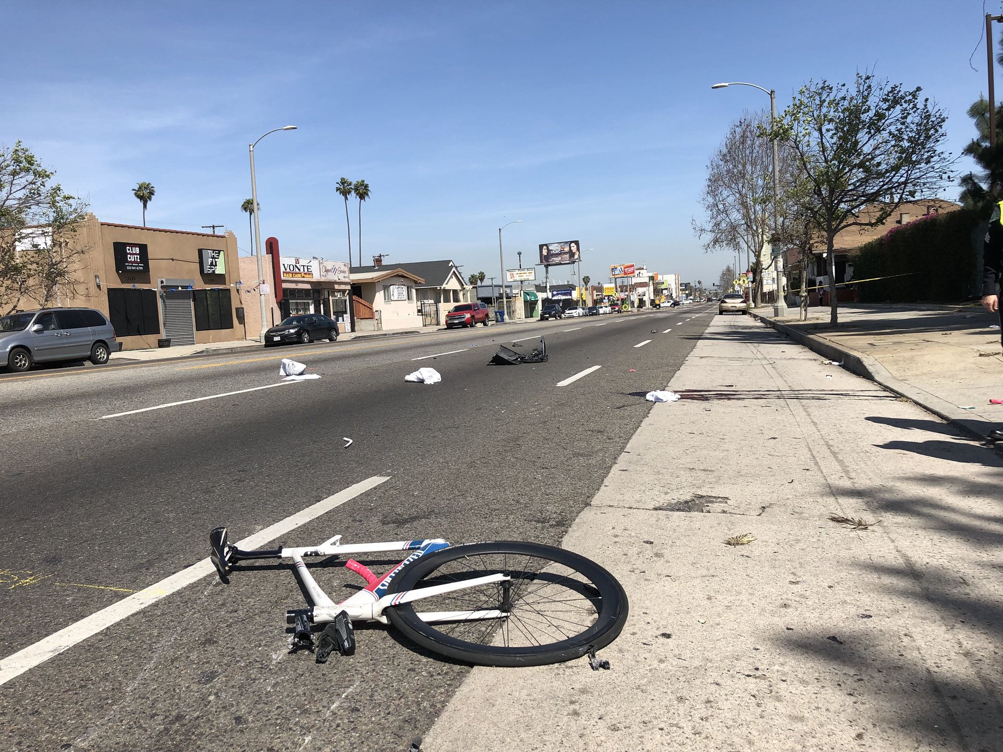 The scene where bicyclist was killed by a Porsche driver in a hit-and-run in South L.A. is seen in a photo shared by Los Angeles police on April 10, 2018.