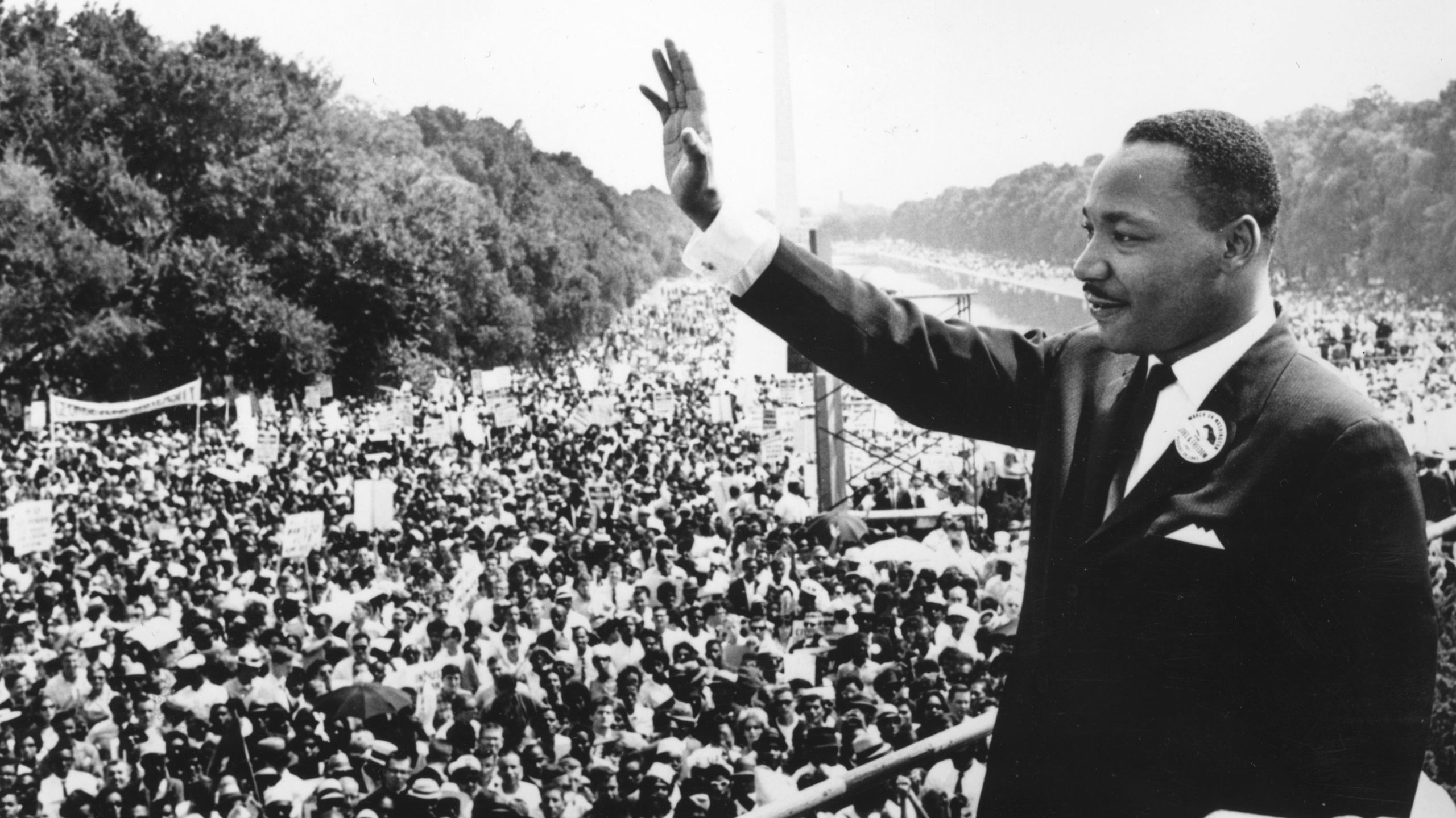 Civil rights leader Martin Luther King Jr. (1929 - 1968) addresses crowds during the March On Washington at the Lincoln Memorial, Washington DC, where he gave his 'I Have A Dream' speech. (Credit: Central Press/Getty Images)