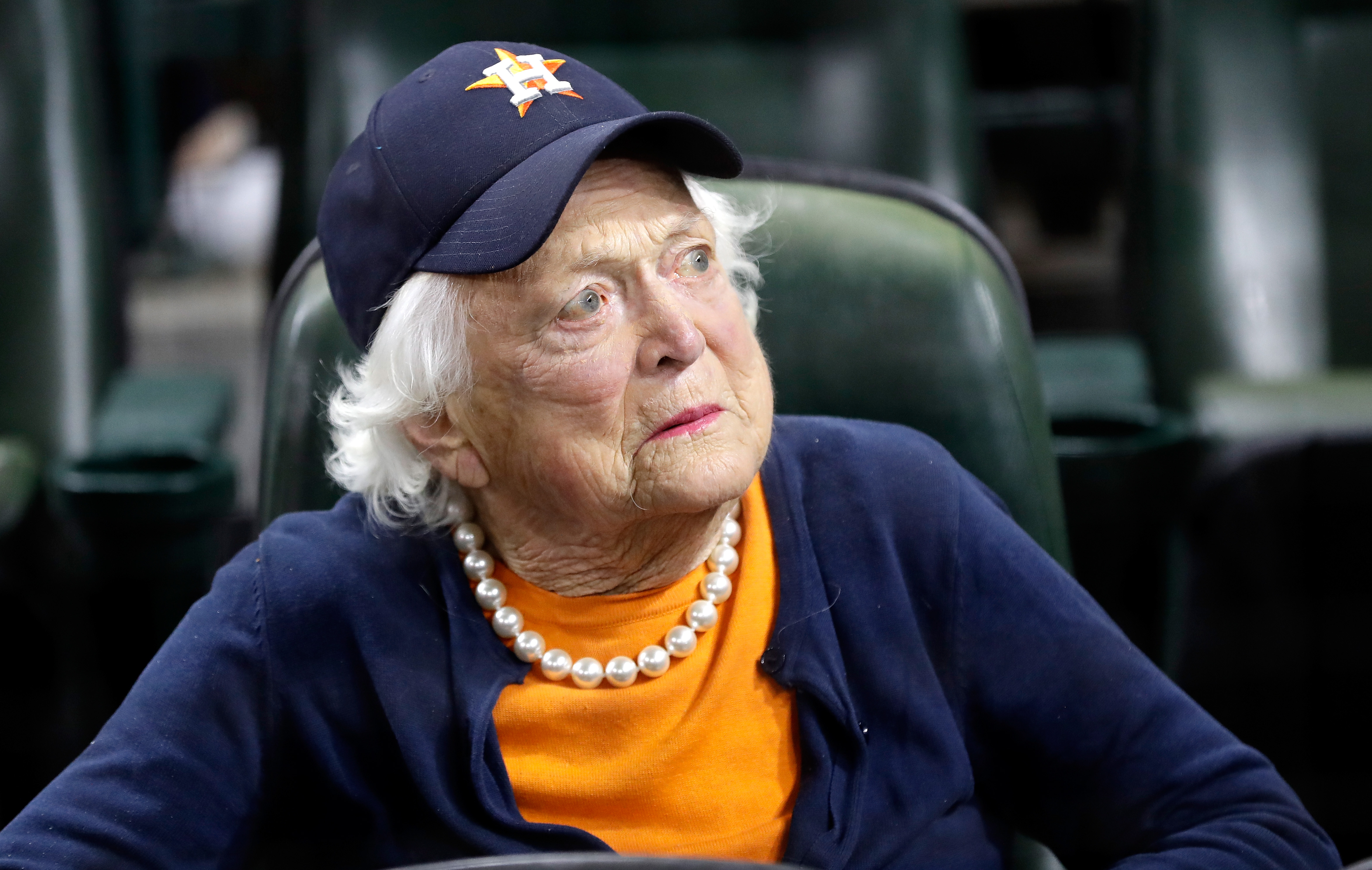 Former first lady Barbara Bush looks on before game five of the 2017 World Series between the Houston Astros and the Los Angeles Dodgers at Minute Maid Park on October 29, 2017 in Houston, Texas. (Credit: David J. Phillip - Pool/Getty Images)