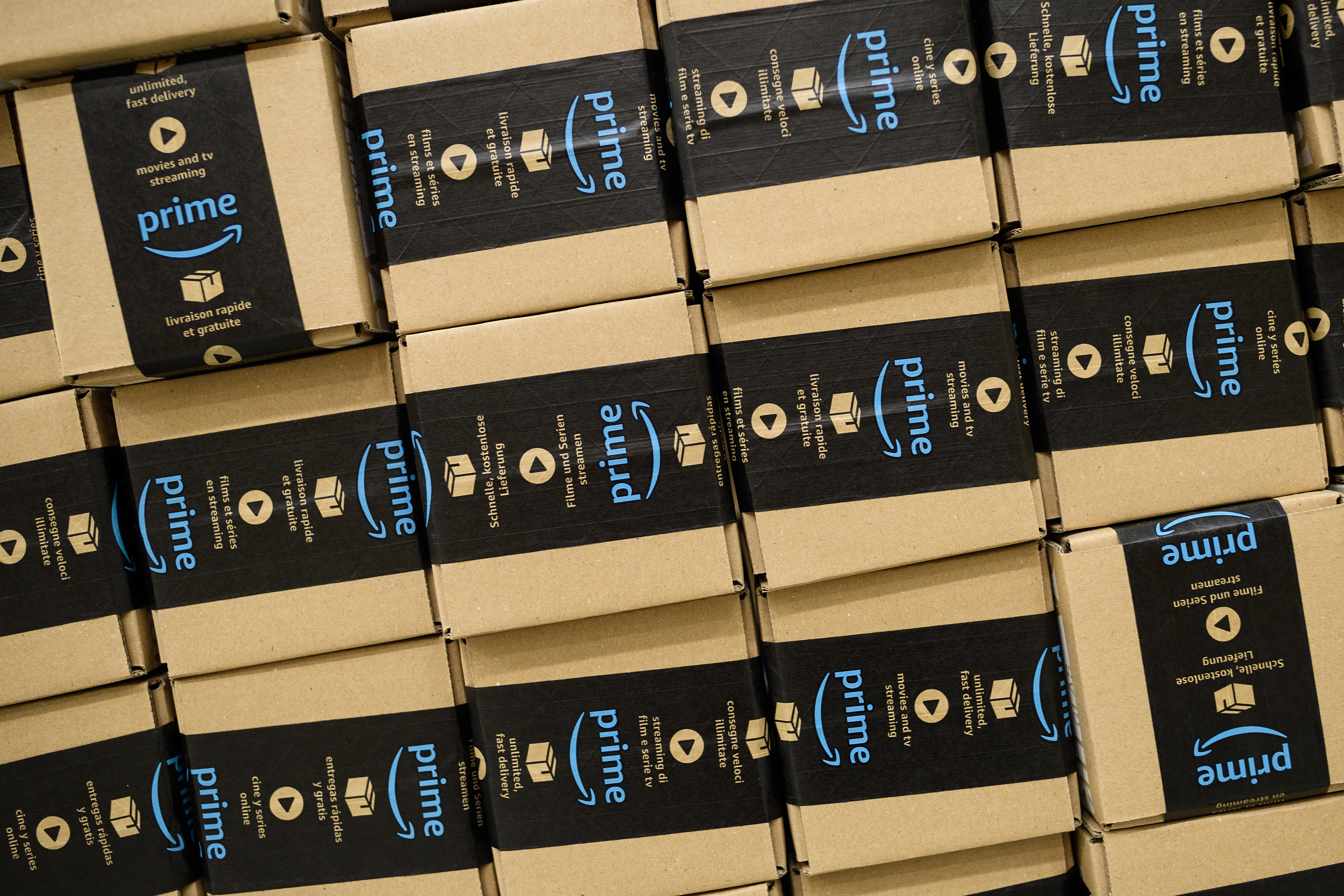 A close-up of a packaged Amazon Prime item in the Amazon Fulfillment centre on November 15, 2017 in Peterborough, England. (Credit: Leon Neal/Getty Images)