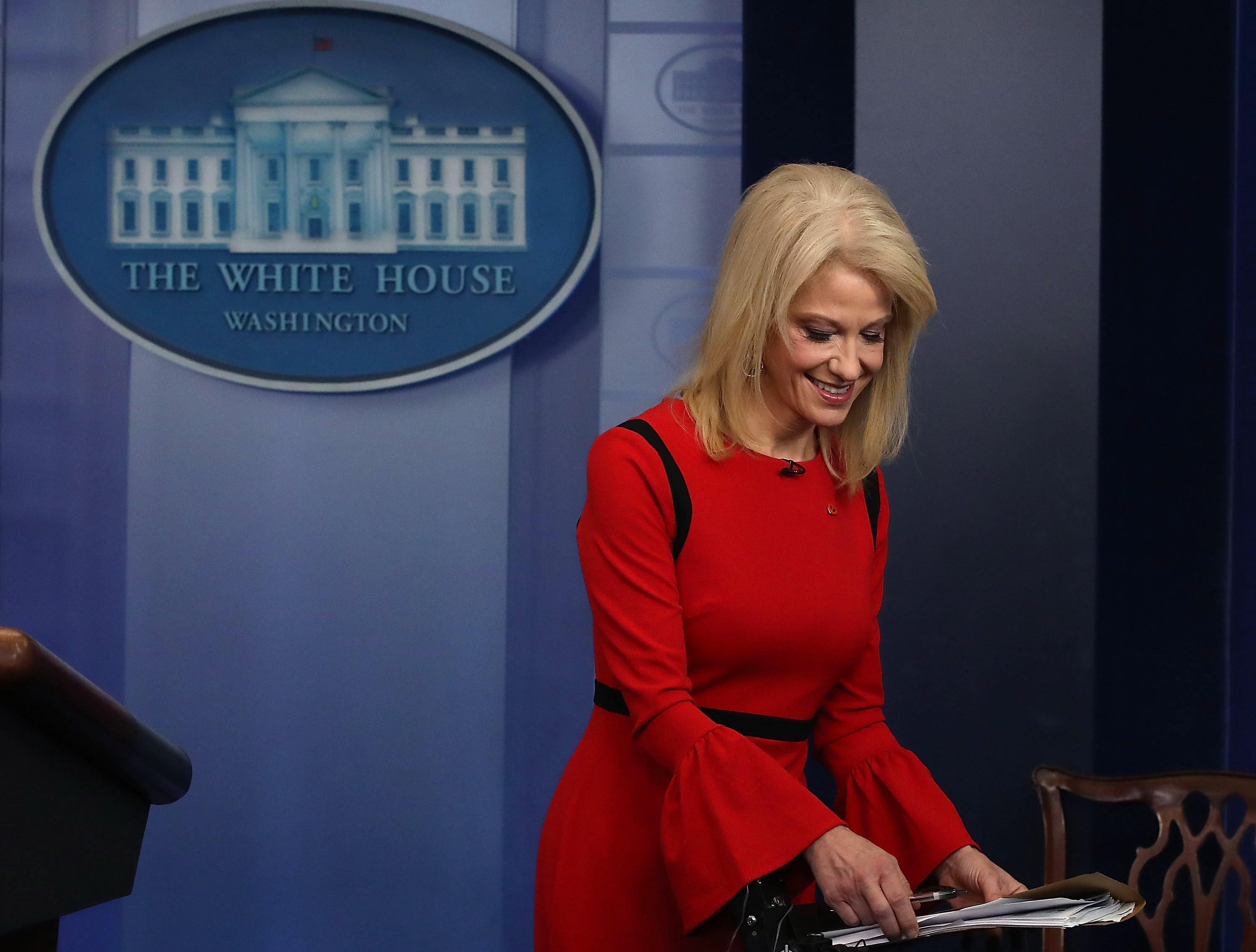 White House counselor Kellyanne Conway finishes an interview with CNN in the briefing Room at the White House on March 23, 2018. (Credit: Mark Wilson / Getty Images)