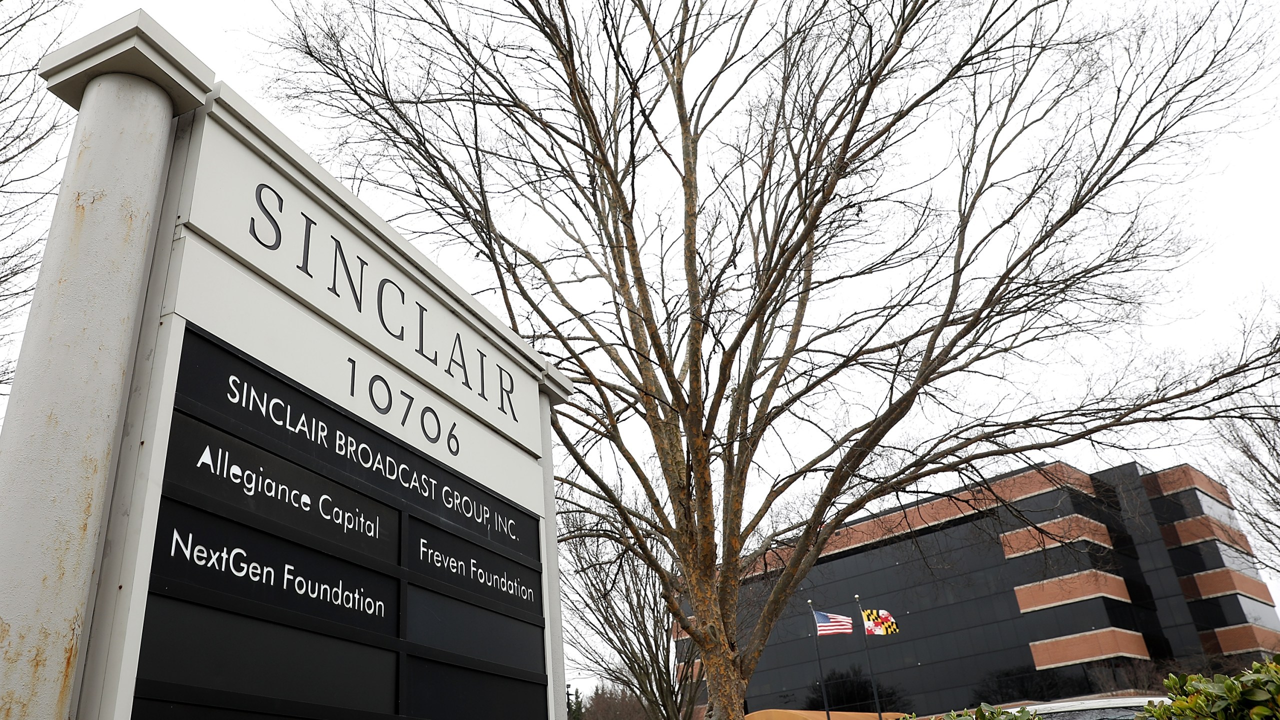 The headquarters of the Sinclair Broadcast Group is shown April 3, 2018, in Hunt Valley, Maryland. The company, the largest owner of local television stations in the U.S., has drawn attention recently for repeating claims by President Donald Trump that traditional television and print publications offer "fake" or biased news. (Credit: Win McNamee/Getty Images)