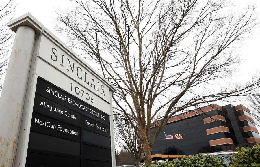 The headquarters of the Sinclair Broadcast Group is shown April 3, 2018, in Hunt Valley, Maryland. The company, the largest owner of local television stations in the U.S., has drawn attention recently for repeating claims by President Donald Trump that traditional television and print publications offer "fake" or biased news. (Credit: Win McNamee/Getty Images)