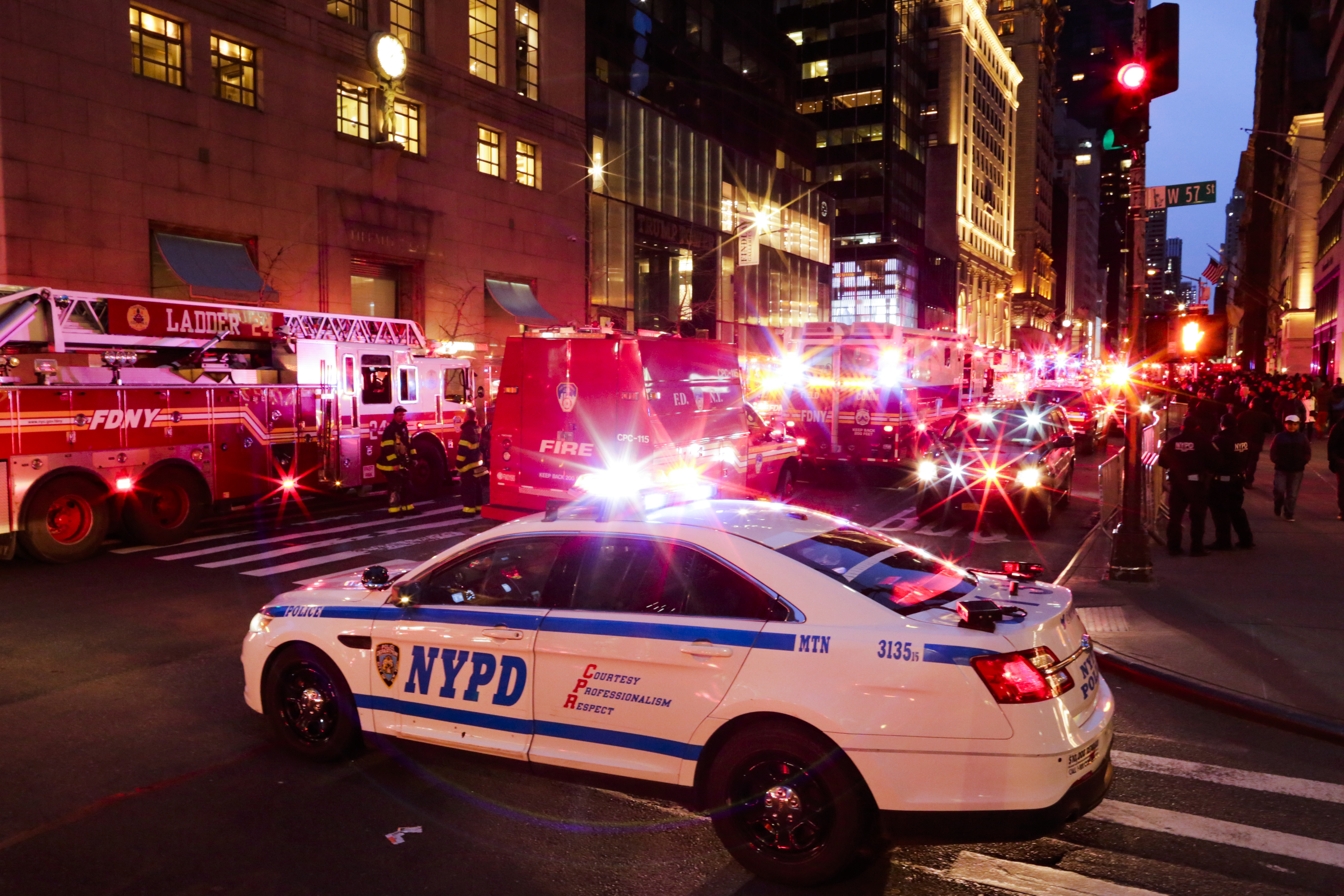 NYPD officers and first responders assess the scene of a fire at Trump Tower on April 7, 2018 in New York City. (Credit: Eduardo Munoz Alvarez/Getty Images)