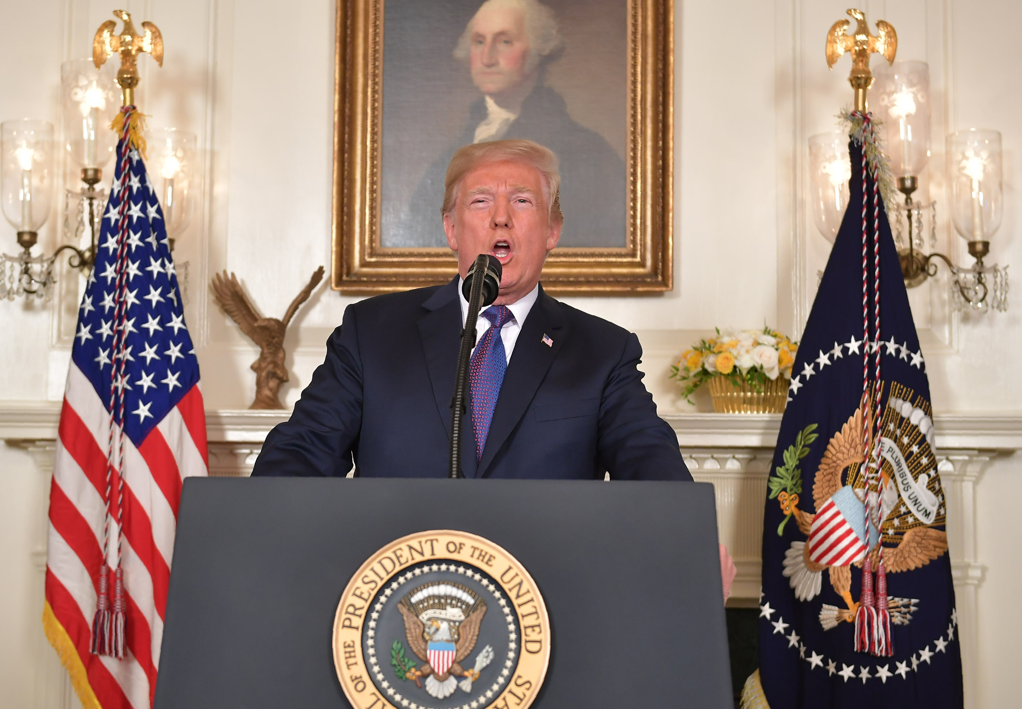 President Donald Trump addresses the nation on the situation in Syria April 13, 2018 at the White House in Washington, D.C. (Credit: MANDEL NGAN/AFP/Getty Images)