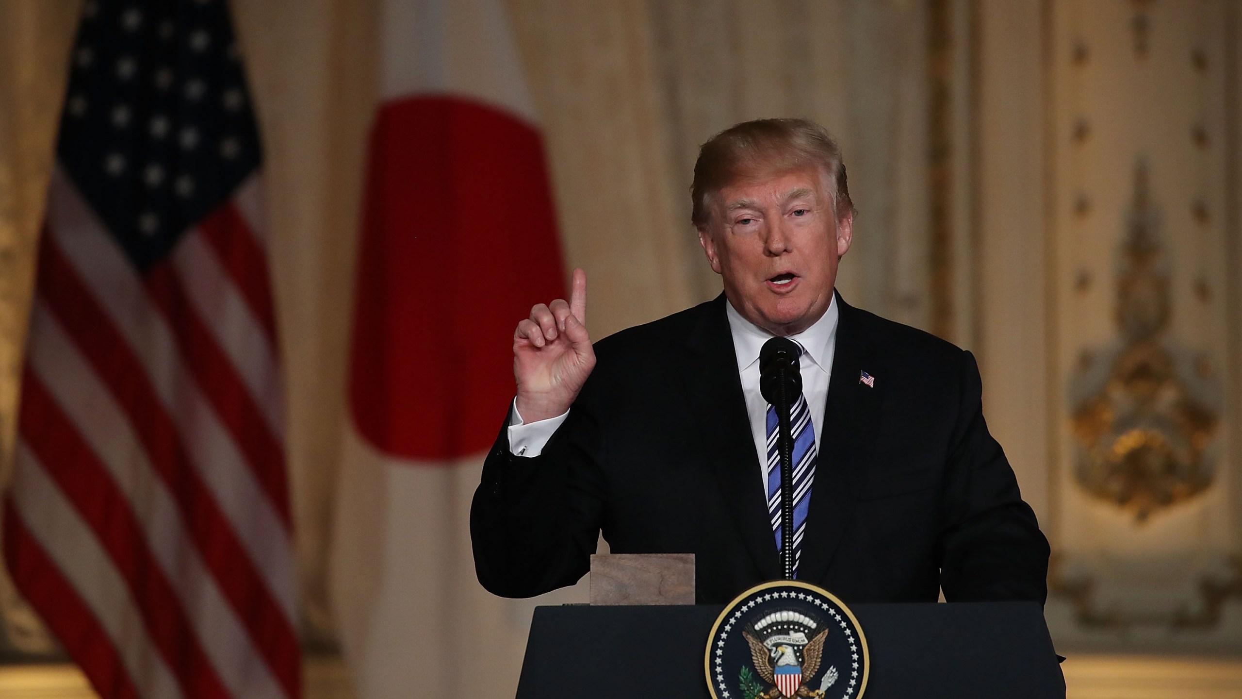 Donald Trump speaks at a joint news conference held with Japanese Prime Minister Shinzo Abe (not pictured) at Mar-a-Lago resort on April 18, 2018 in West Palm Beach, Florida. (Credit: Joe Raedle/Getty Images)