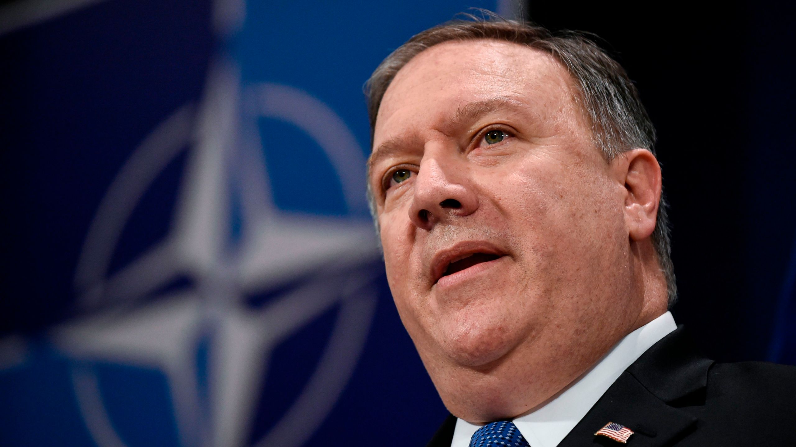 Secretary of State, Mike Pompeo gives a press conference during a NATO Foreign ministers' meeting at the NATO headquarters in Brussels on April 27, 2018. (Credit: John Thys/AFP)