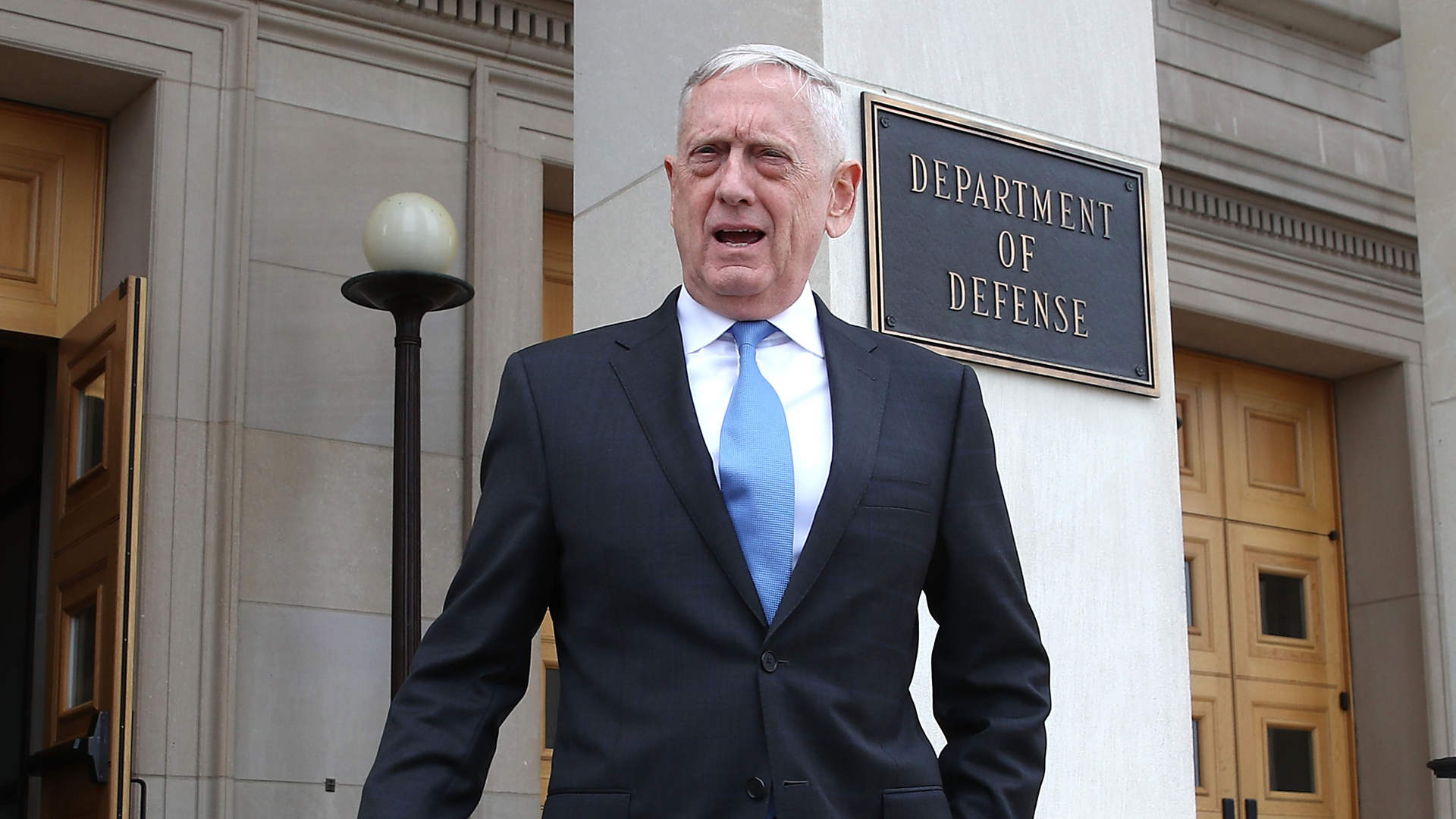 U.S. Secretary of Defense Jim Mattis walks to greet incoming National Security Advisor John Bolton upon Bolton's arrival for a meeting at the Pentagon, on March 29, 2018. (Credit: Mark Wilson/Getty Images)