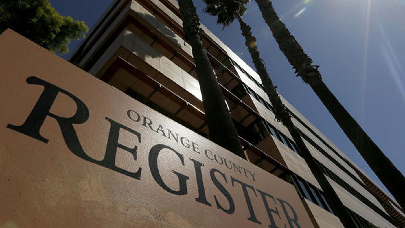 An undated photo shows a sign for the Orange County Register. (Credit: Mark Boster / Los Angeles Times)