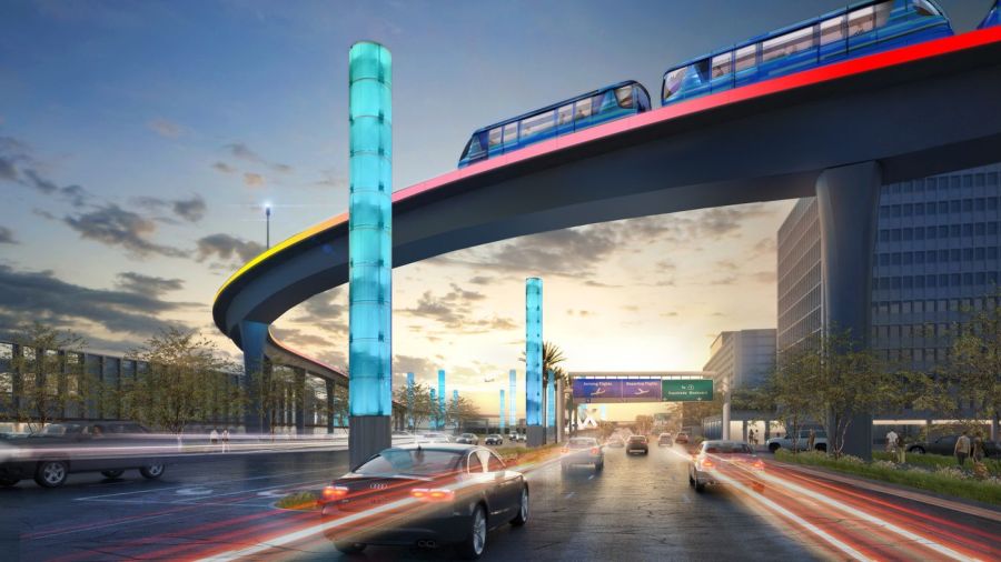 The people mover will pass above Century Boulevard, connecting airport travelers to a Metro station, a ground transportation hub and a consolidated car rental area. (Courtesy Los Angeles World Airports)